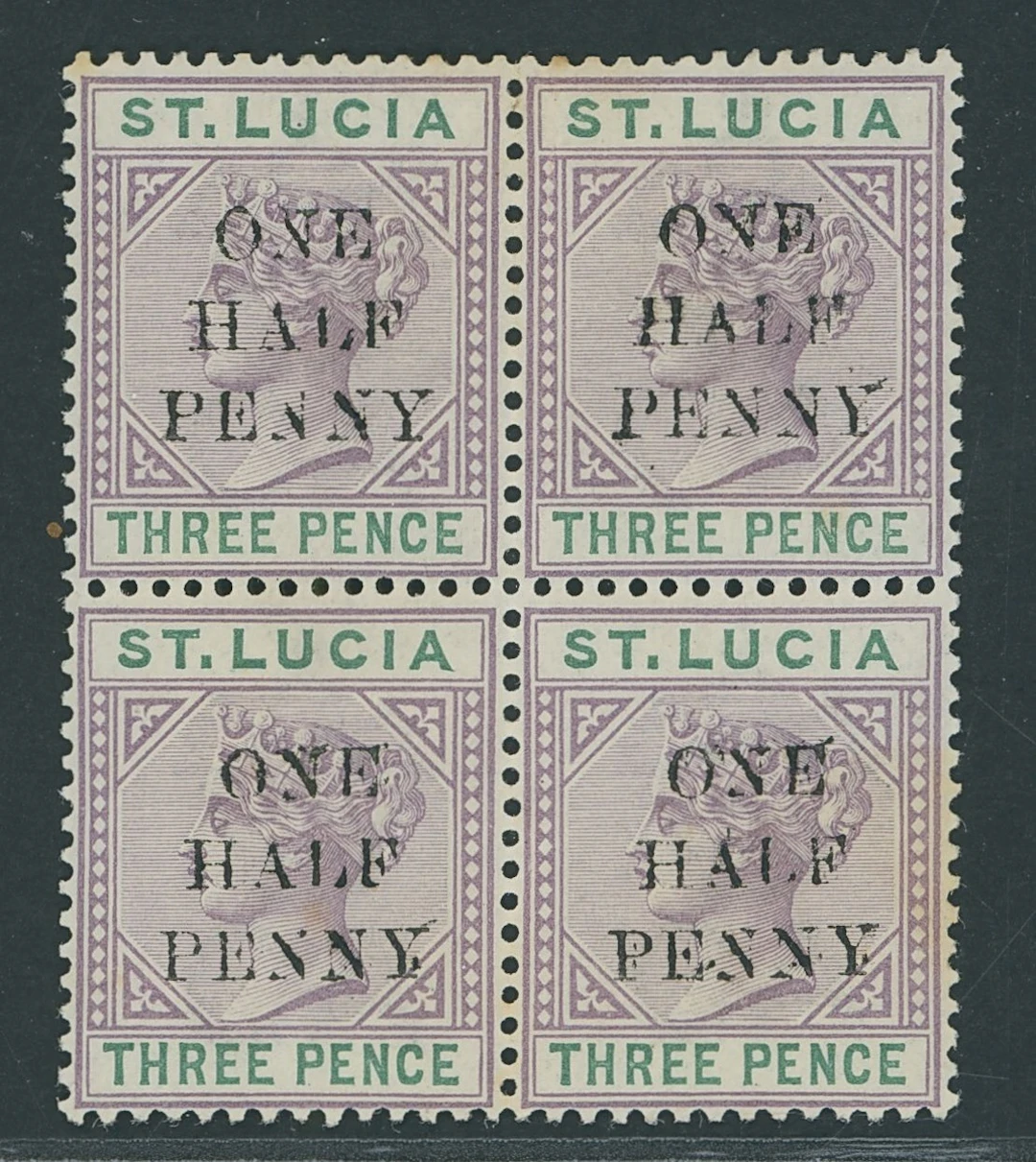 St. Lucia 1891-92 Die I, ½d. on 3d. dull mauve and green block of