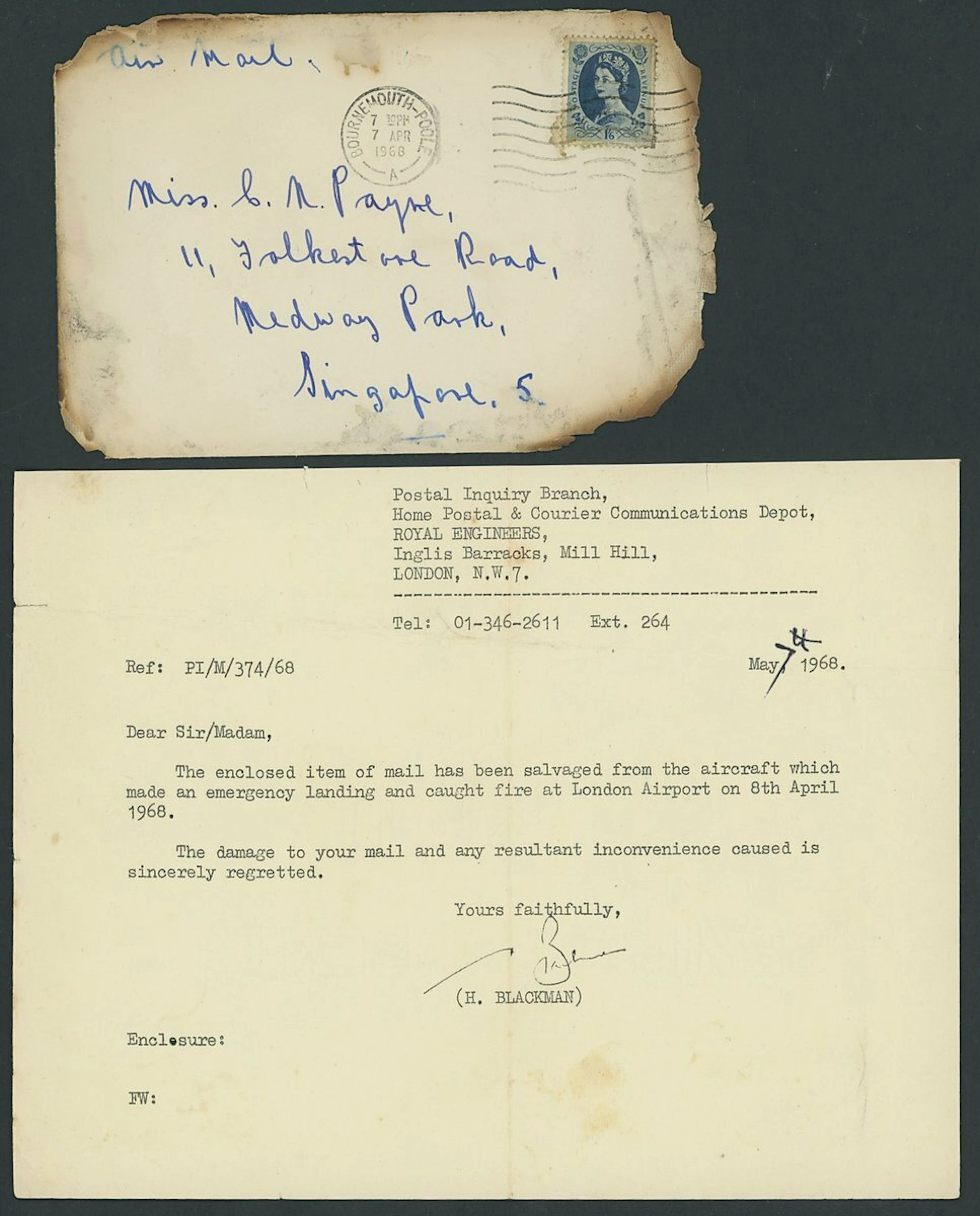 Singapore Crash Mail 1968 (7 Apr.) envelope from Bournemouth to Singapore