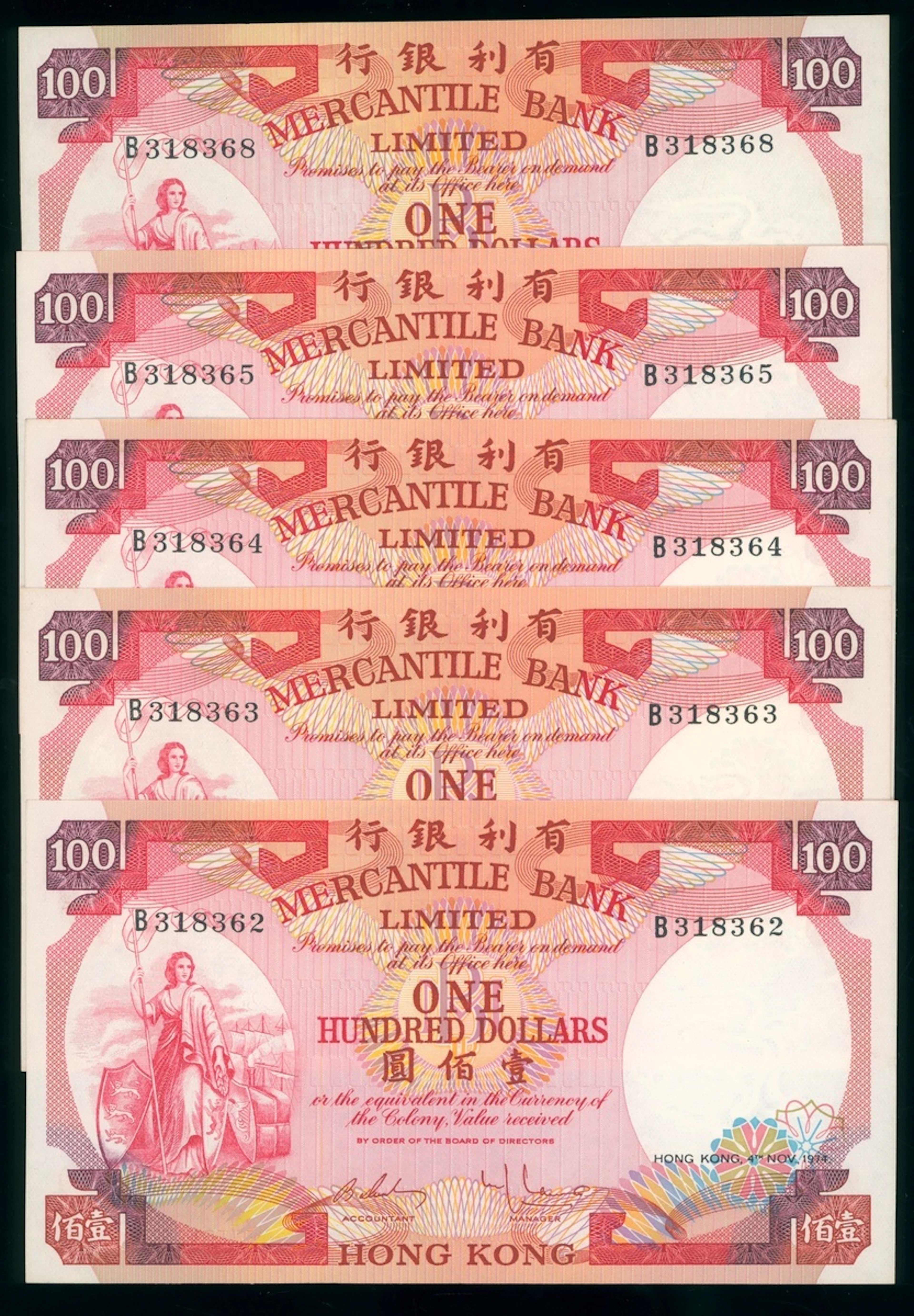 Mercantile Bank Limited, Hong Kong, $100 (5), 4.11.1974, serial numbers