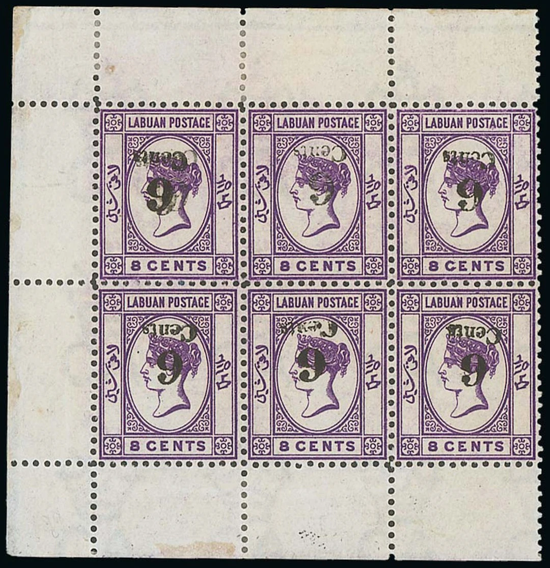 Labuan 1891-92 Surcharges 6c. on 8c. mauve, a block of six from the