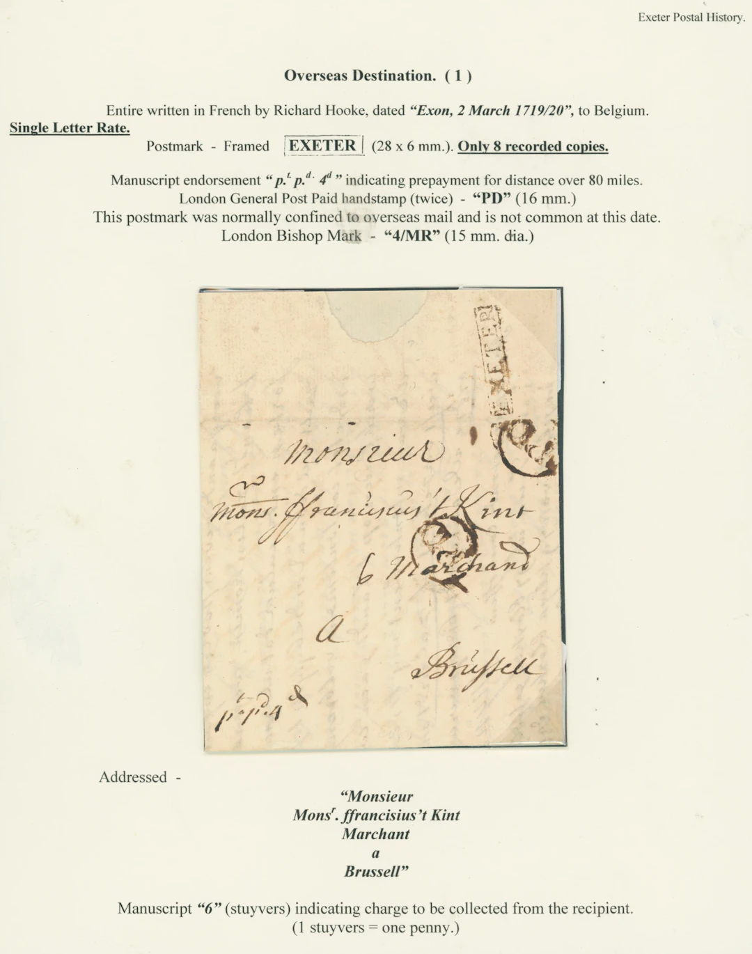 Great Britain Postal History 1719 (20 March), entire letter to Brussels