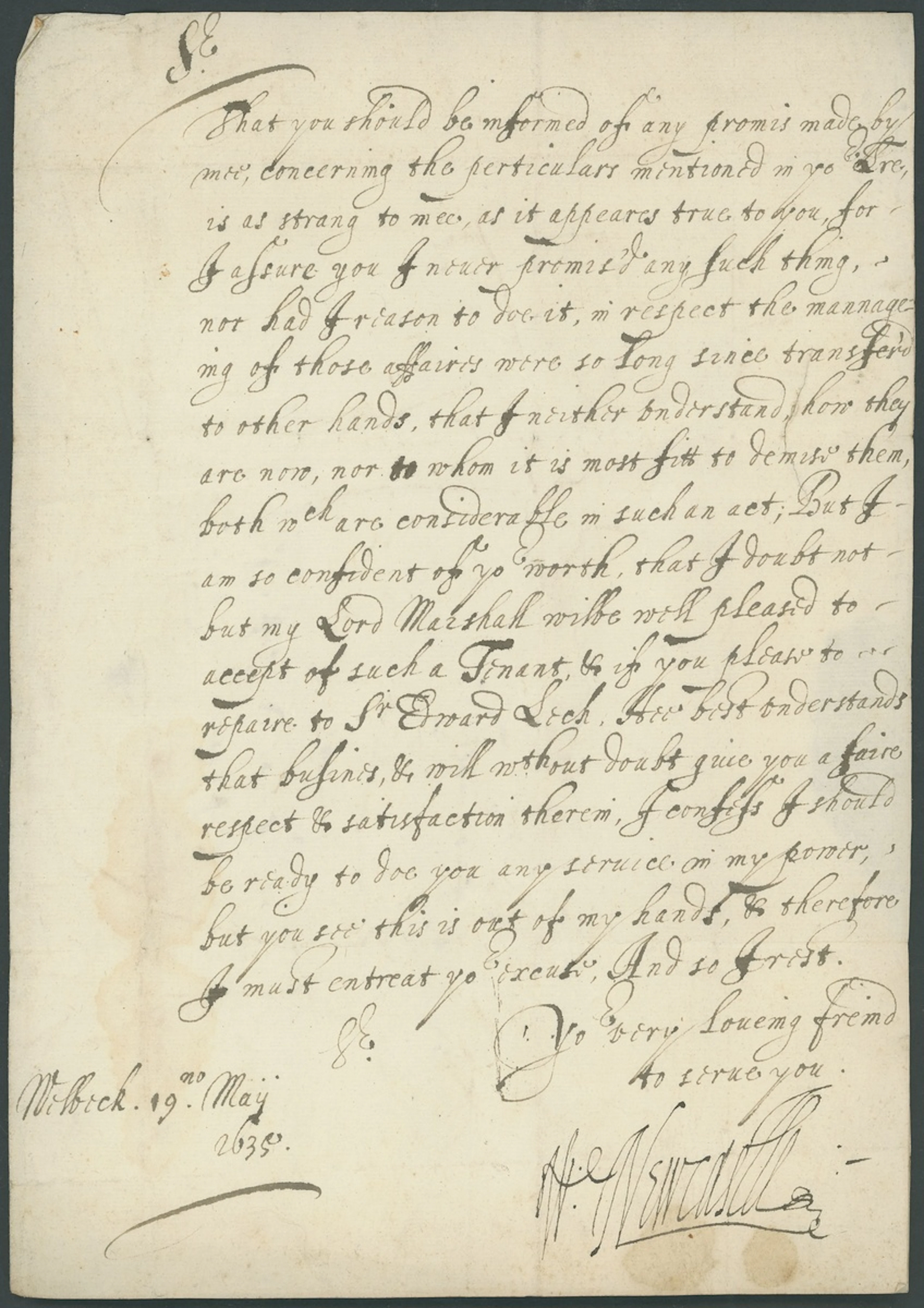 England 1st Duke of Newcastle 1635 Letter signed by Newcastle (1593-1676)