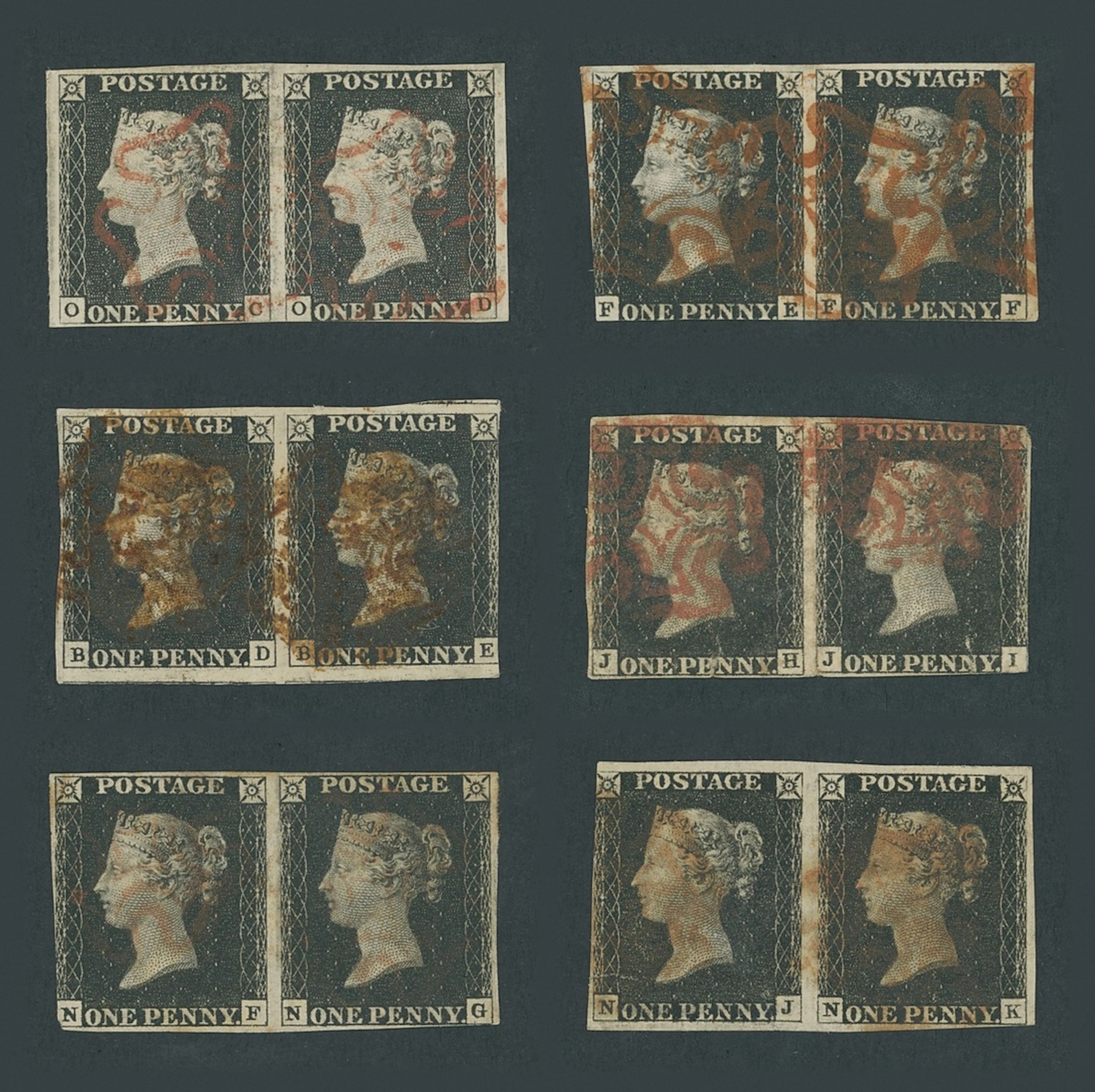 Great Britain 1840 One Penny Black Unplated A group of six horizontal