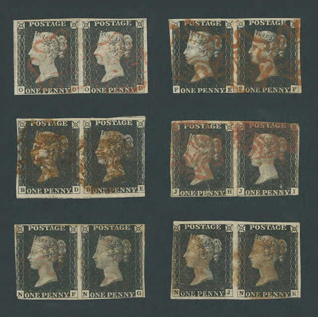 Great Britain 1840 One Penny Black Unplated A group of six horizontal