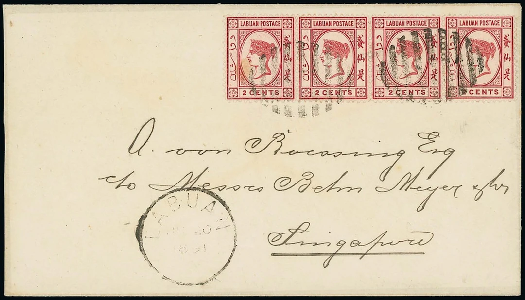 Labuan 1885-86 Watermark Crown CA Covers 1891 (20 June) envelope to