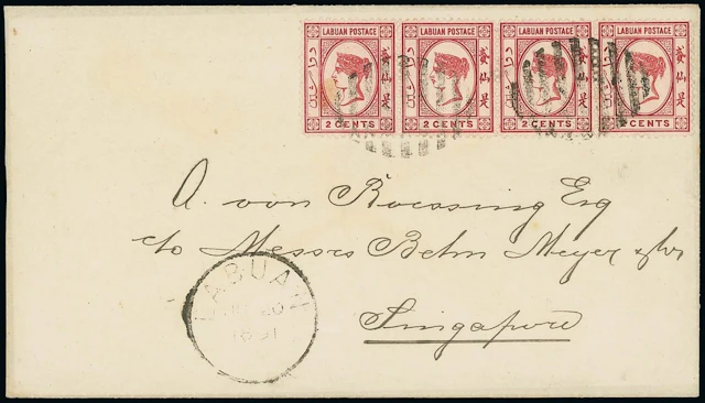 Labuan 1885-86 Watermark Crown CA Covers 1891 (20 June) envelope to