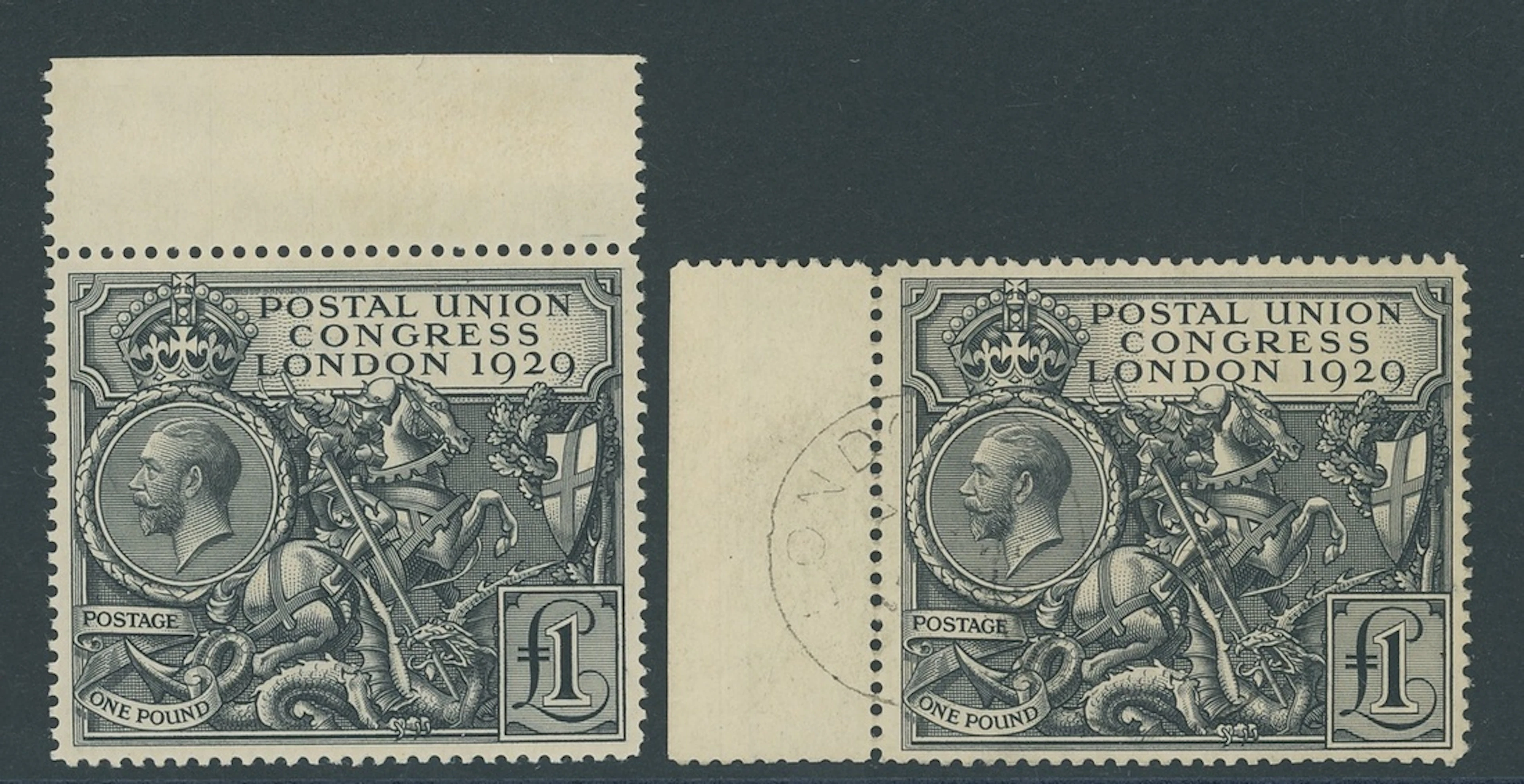 Great Britain King George V 1929 Postal Union Congress £1, two examples