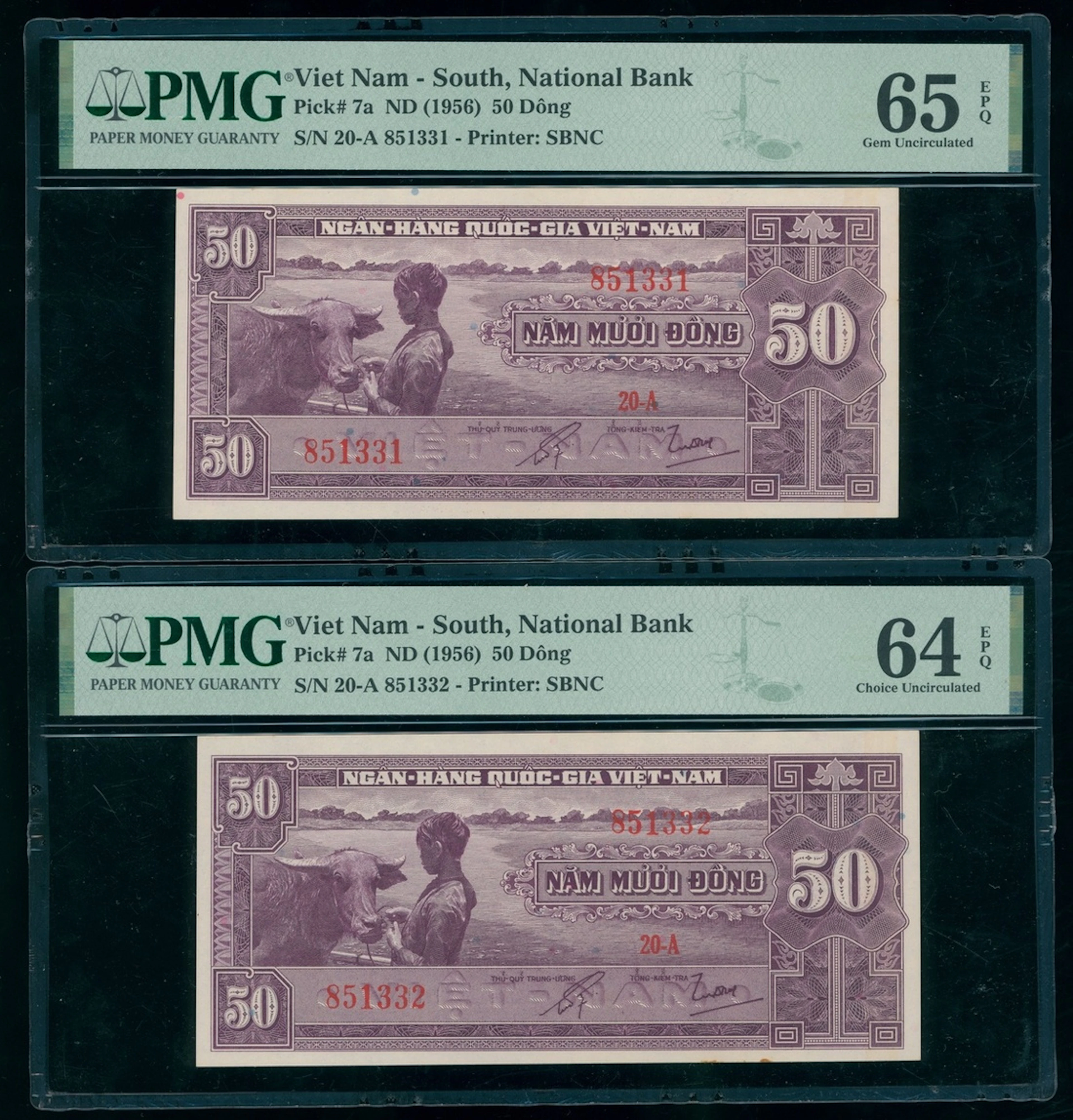National Bank of Vietnam, consecutive pair 50 dong, ND (1956), serial