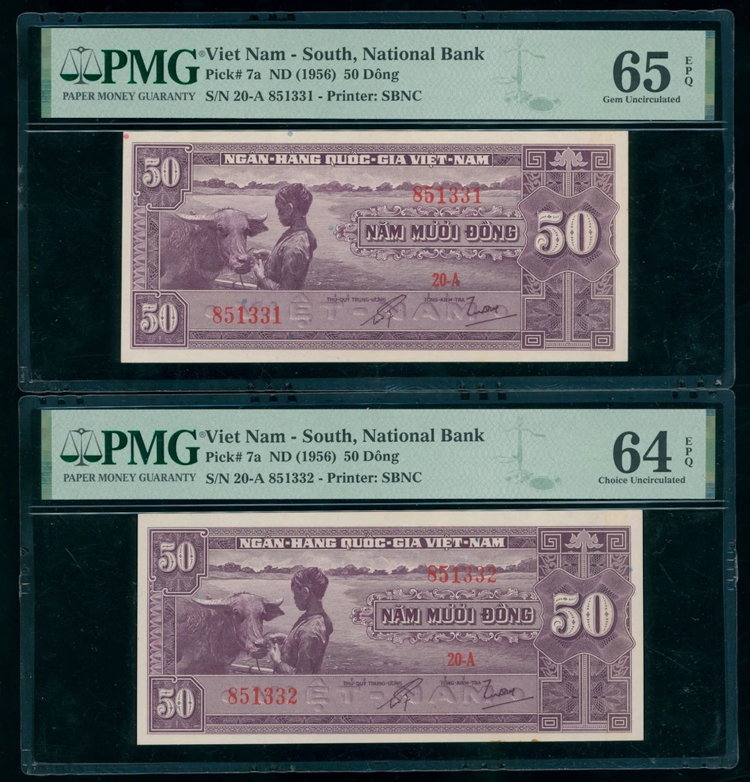 National Bank of Vietnam, consecutive pair 50 dong, ND (1956), serial