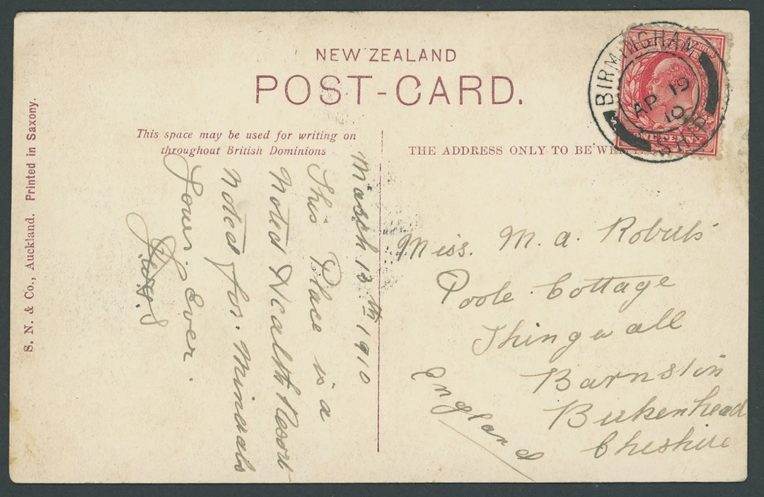 Great Britain Postal History 1910 (13 March), coloured p.p.c. (New