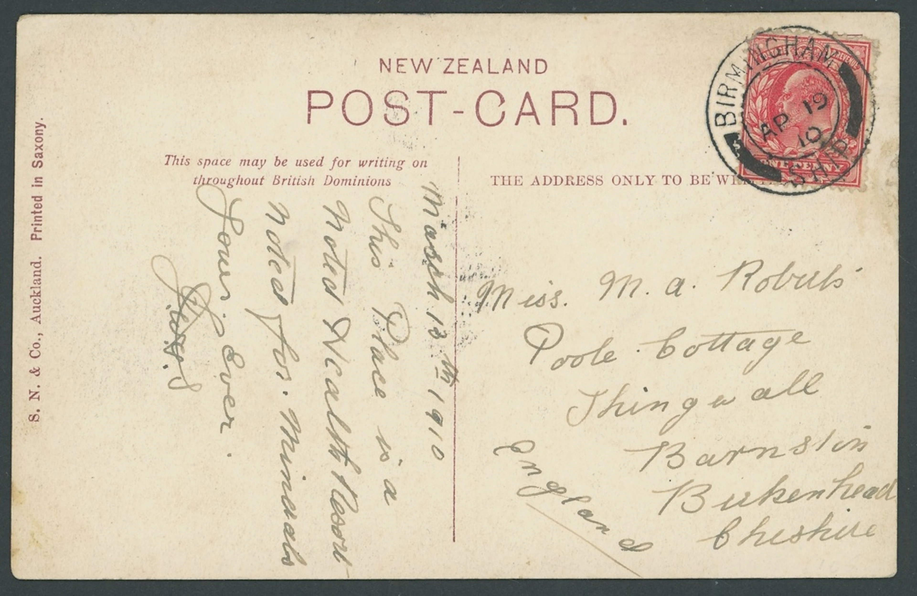 Great Britain Postal History 1910 (13 March), coloured p.p.c. (New