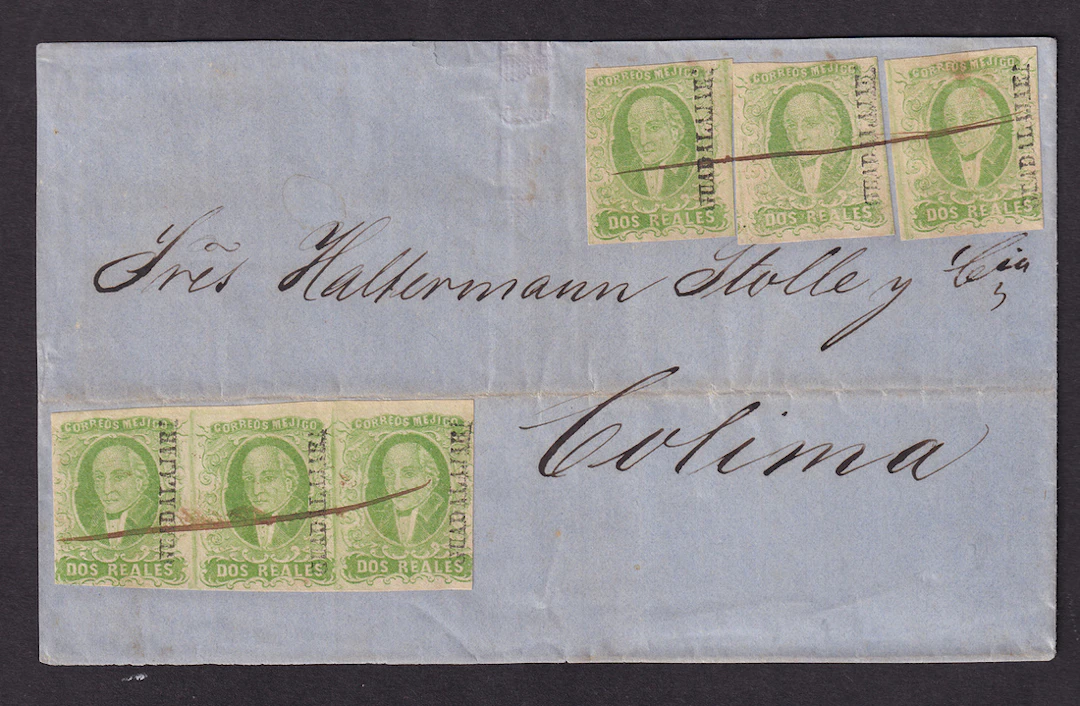 1856 "Hidalgos" Guadalajara. 2r. Green, two strips of three, on incomplete