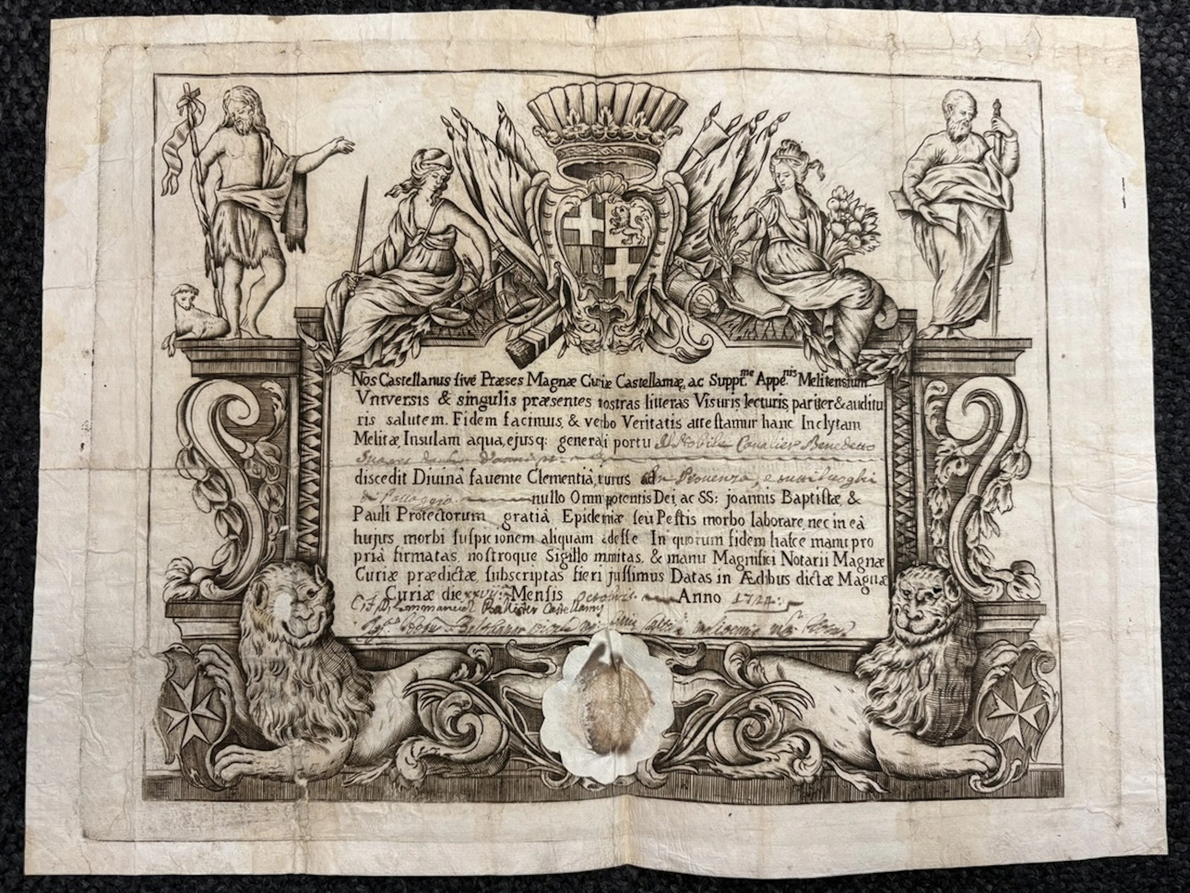 Malta Health Certificate 1724 Elaborately copper engraved Bill of