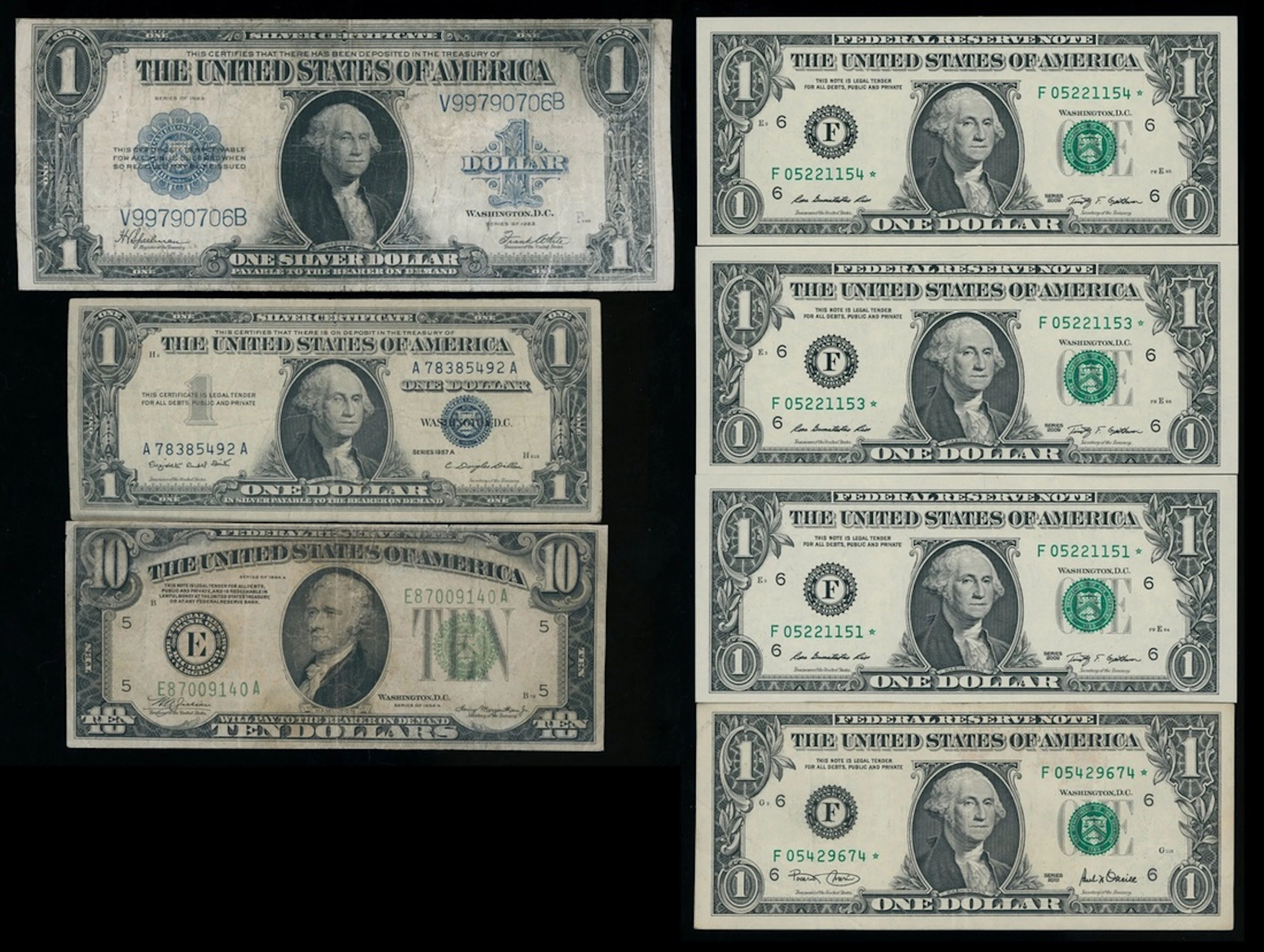 United States of America, a group of 7x, including, $1 1923, $1 and