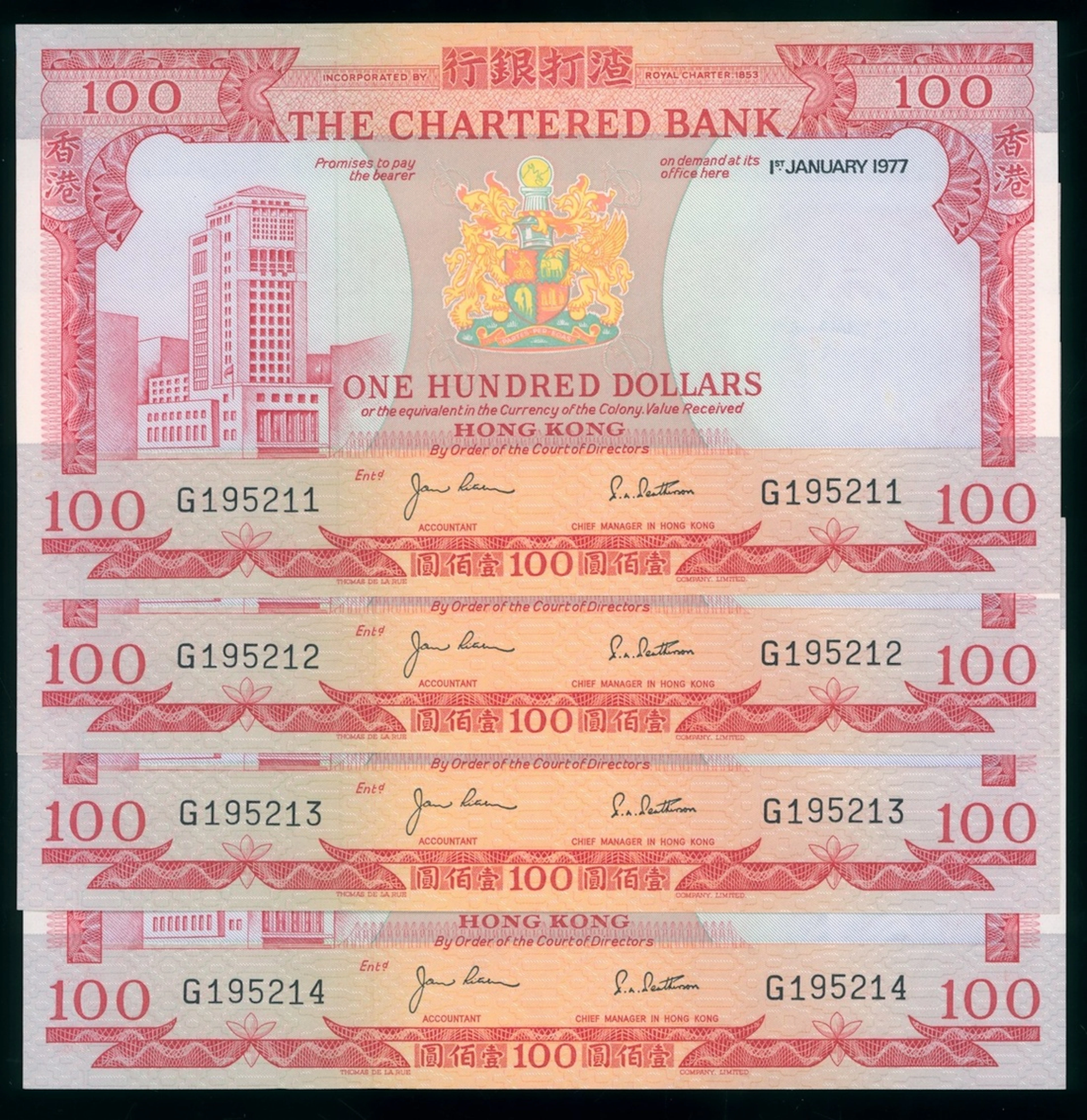 Chartered Bank, Hong Kong, consecutive $100 (4), 1.1.1977, serial