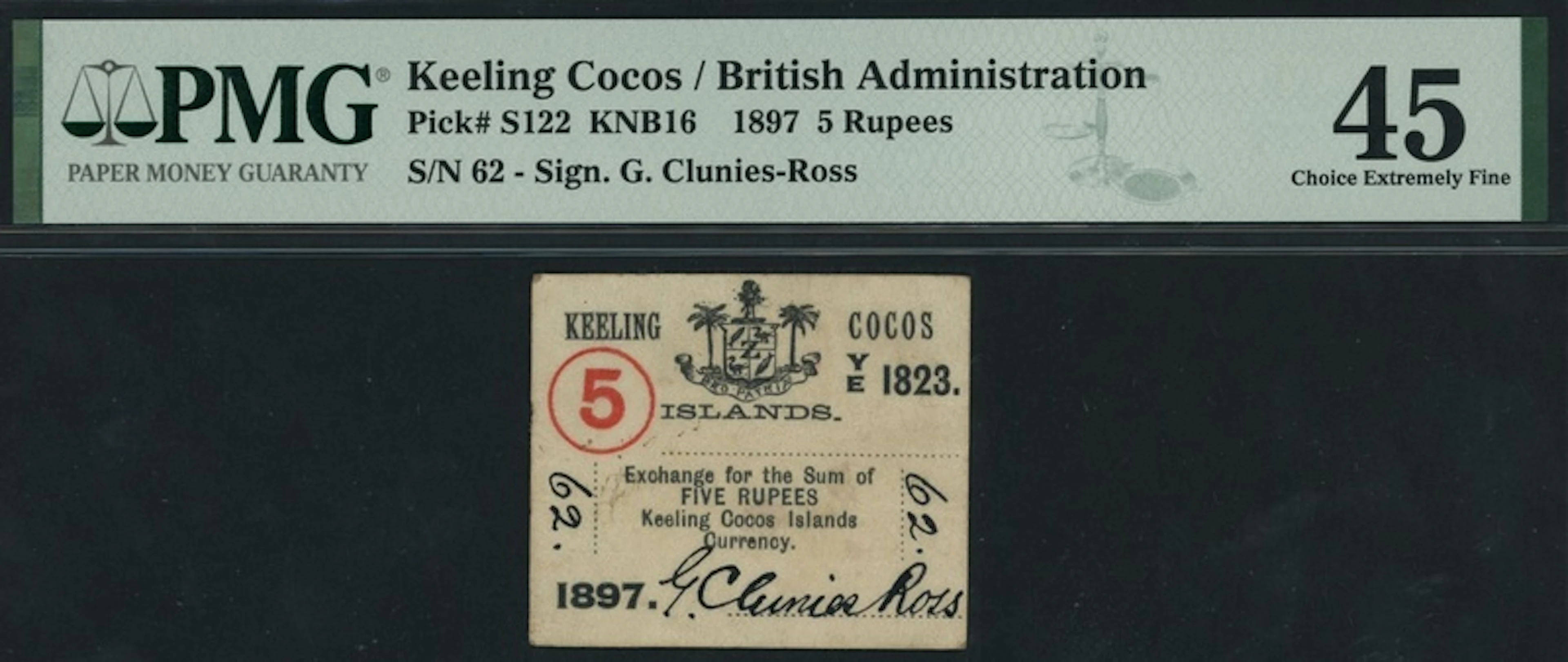 Keeling Cocos Islands, [Top Pop] 5 Rupees, 1897, manuscript serial