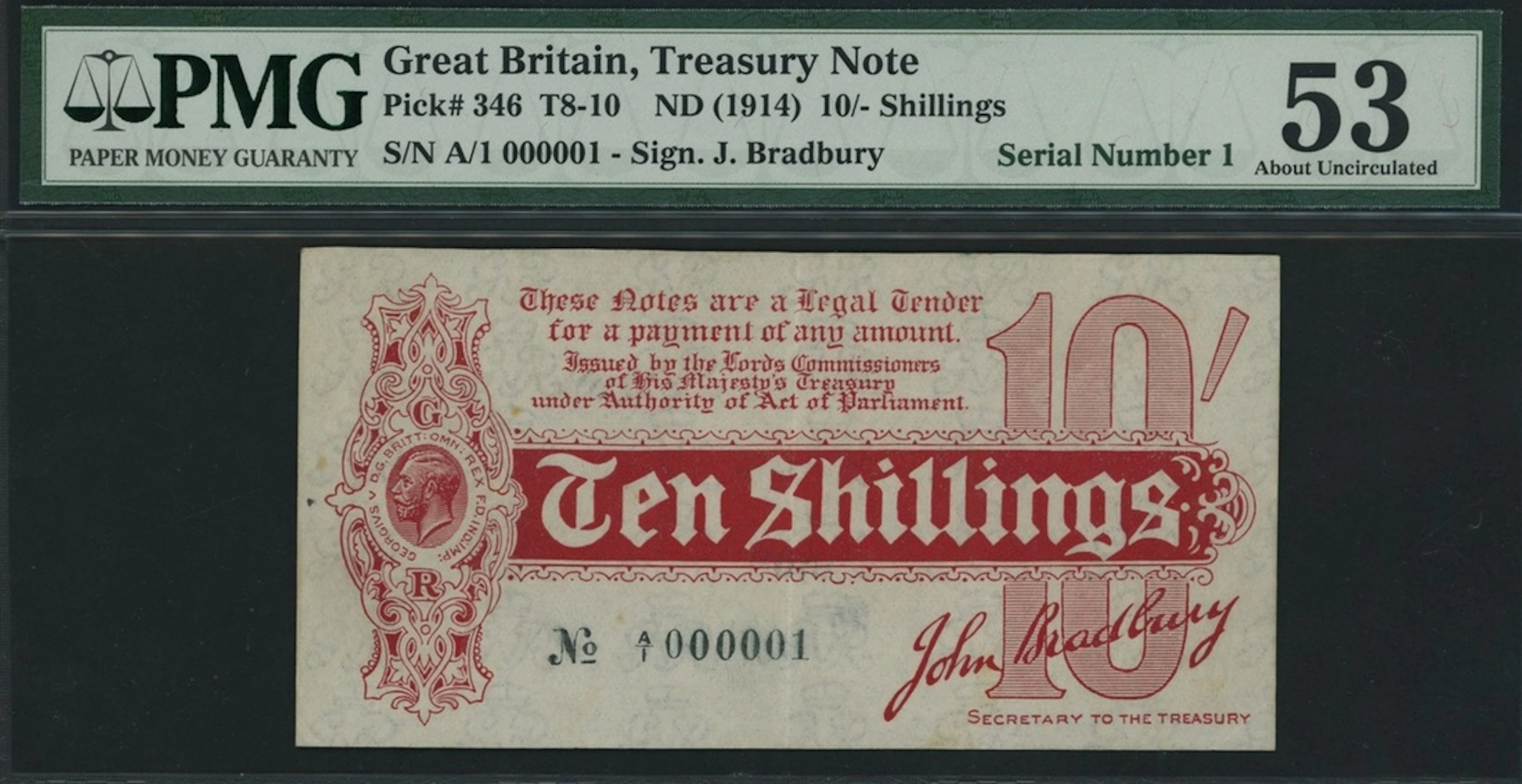 Treasury Series, J. Bradbury, 10/- Shillings, ND (1914), first serial