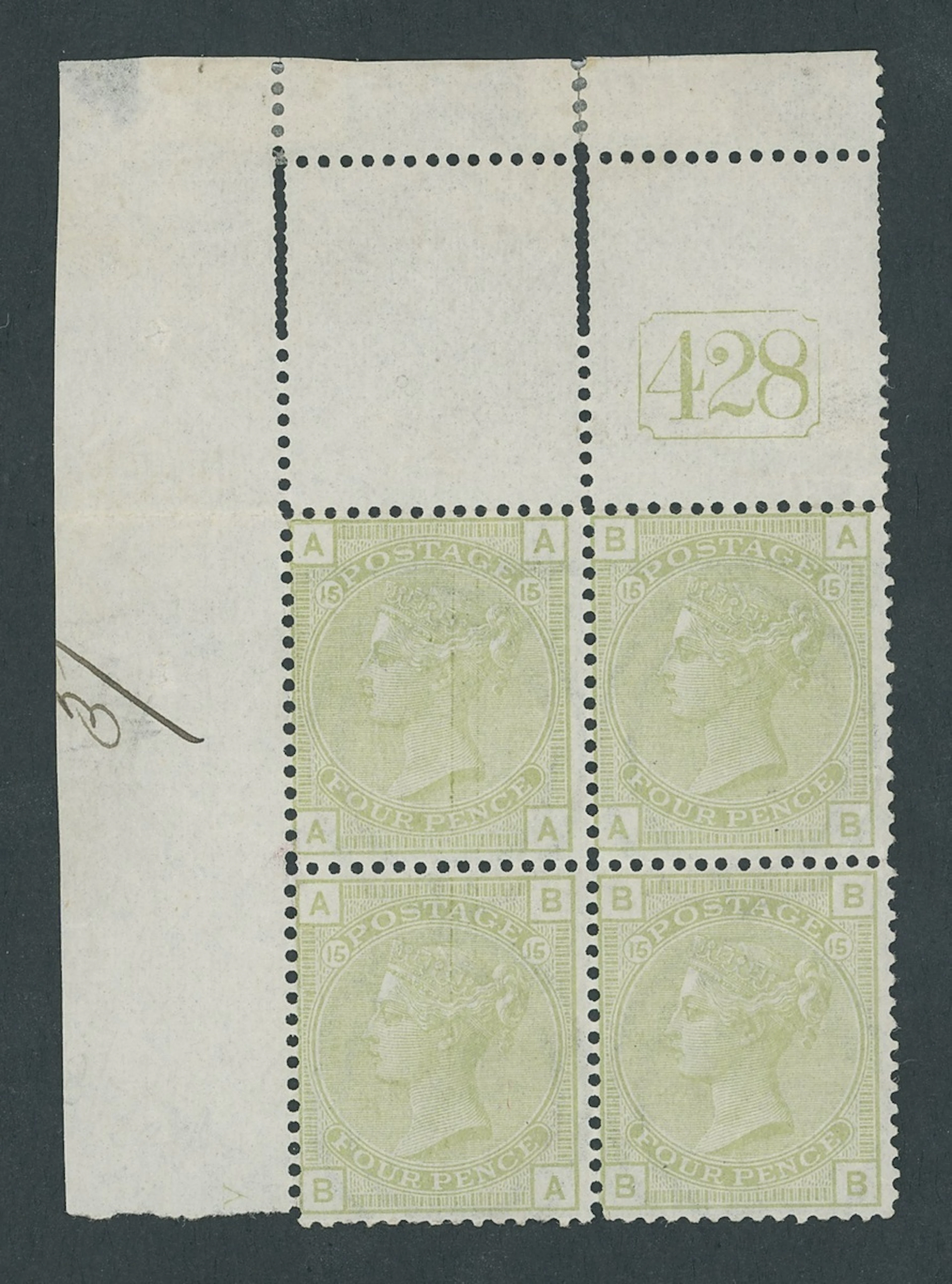 Great Britain 1873-80 Watermark Spray of Rose 4d. sage-green, Plate 15:
