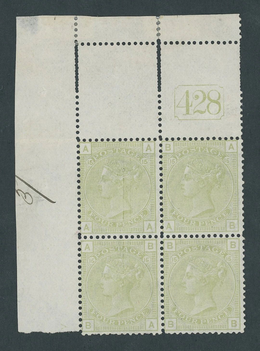 Great Britain 1873-80 Watermark Spray of Rose 4d. sage-green, Plate 15: