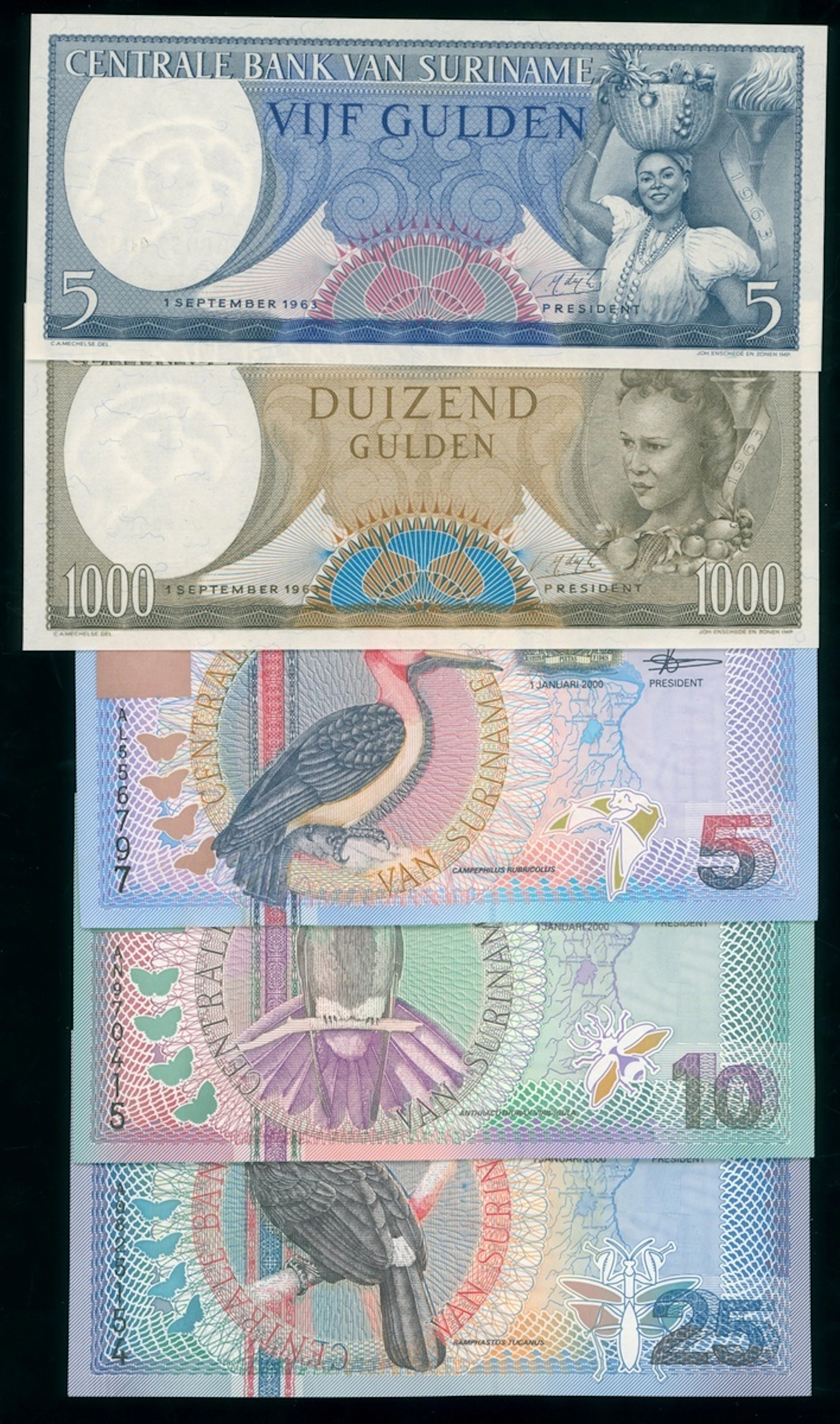 Central Bank van Suriname, a group of 5x, including, 5 and 1000 gulden