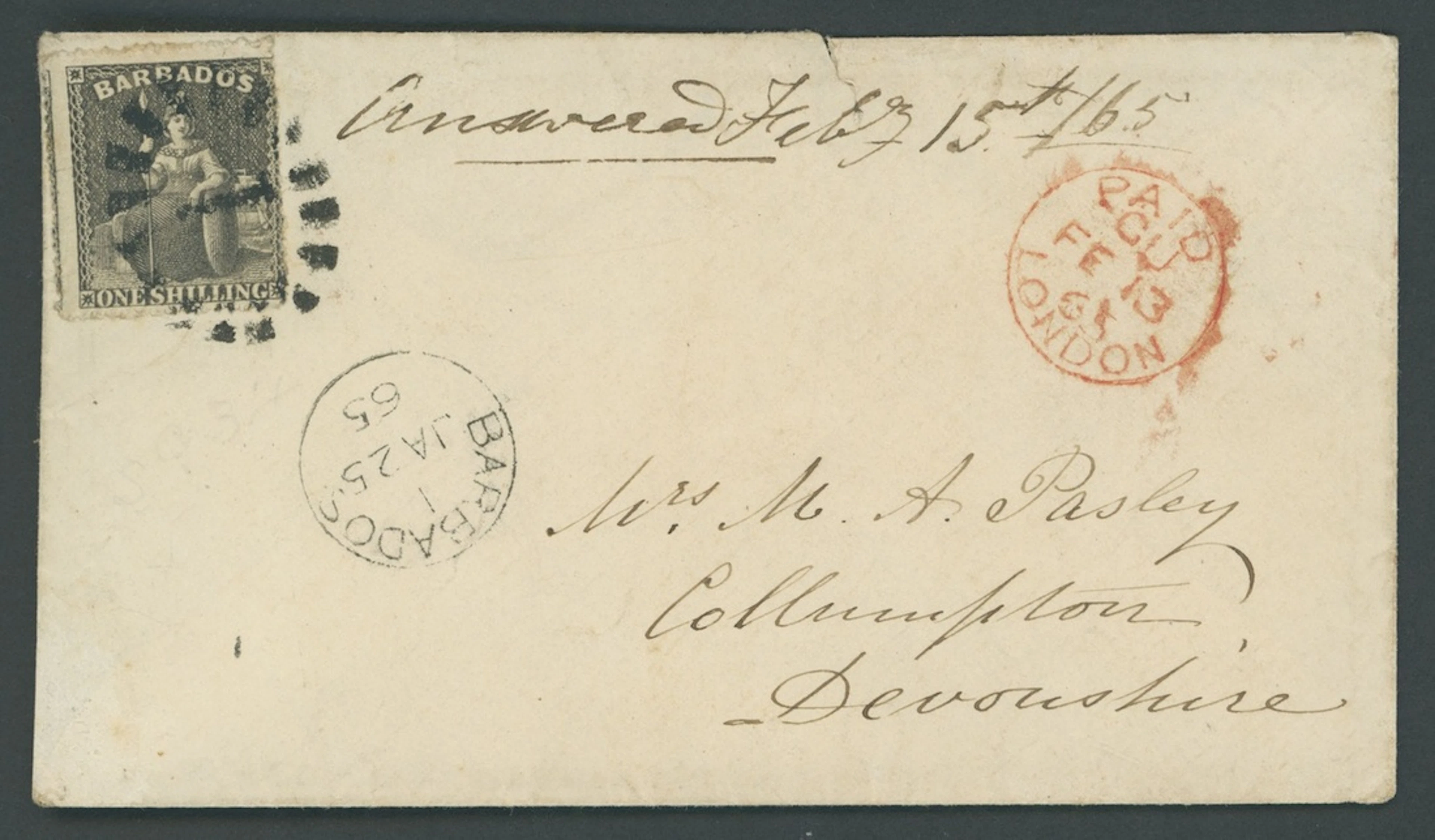 Barbados Britannia Issues Covers 1865 (25 Jan.) envelope to England