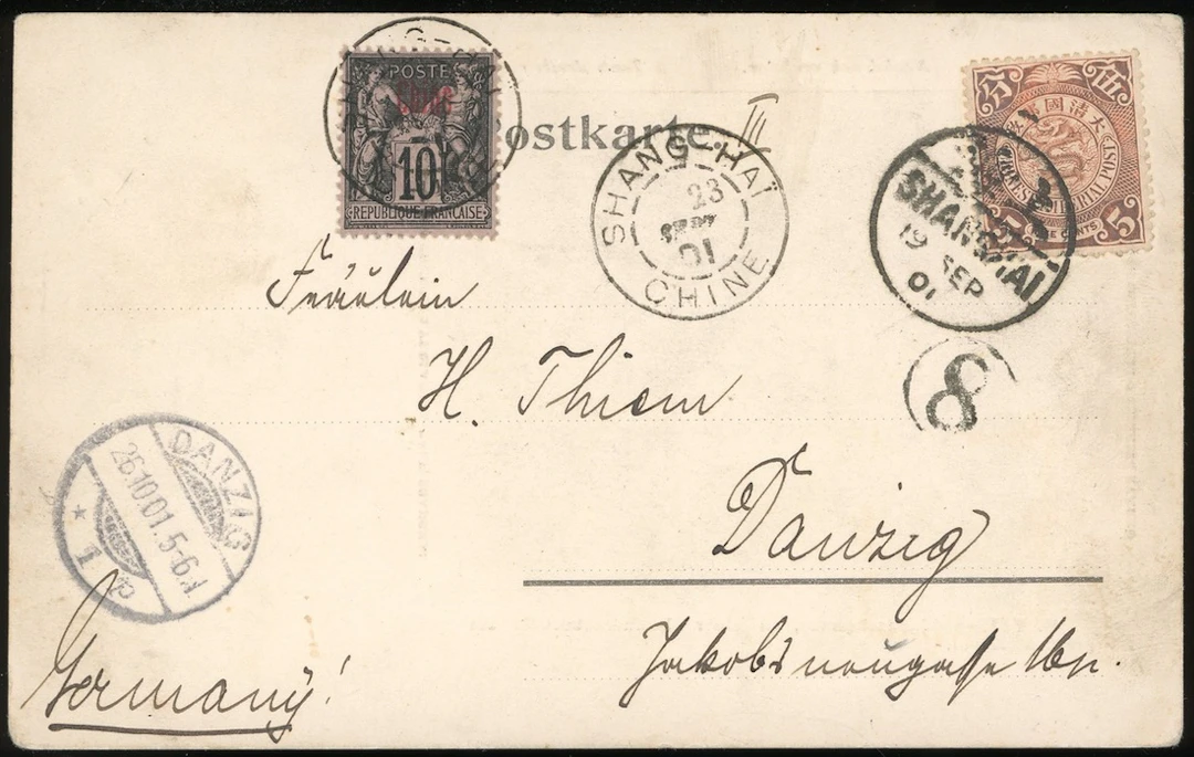 China Postal History Imperial Post 1901 (19 Sept.) postcard to Danzig