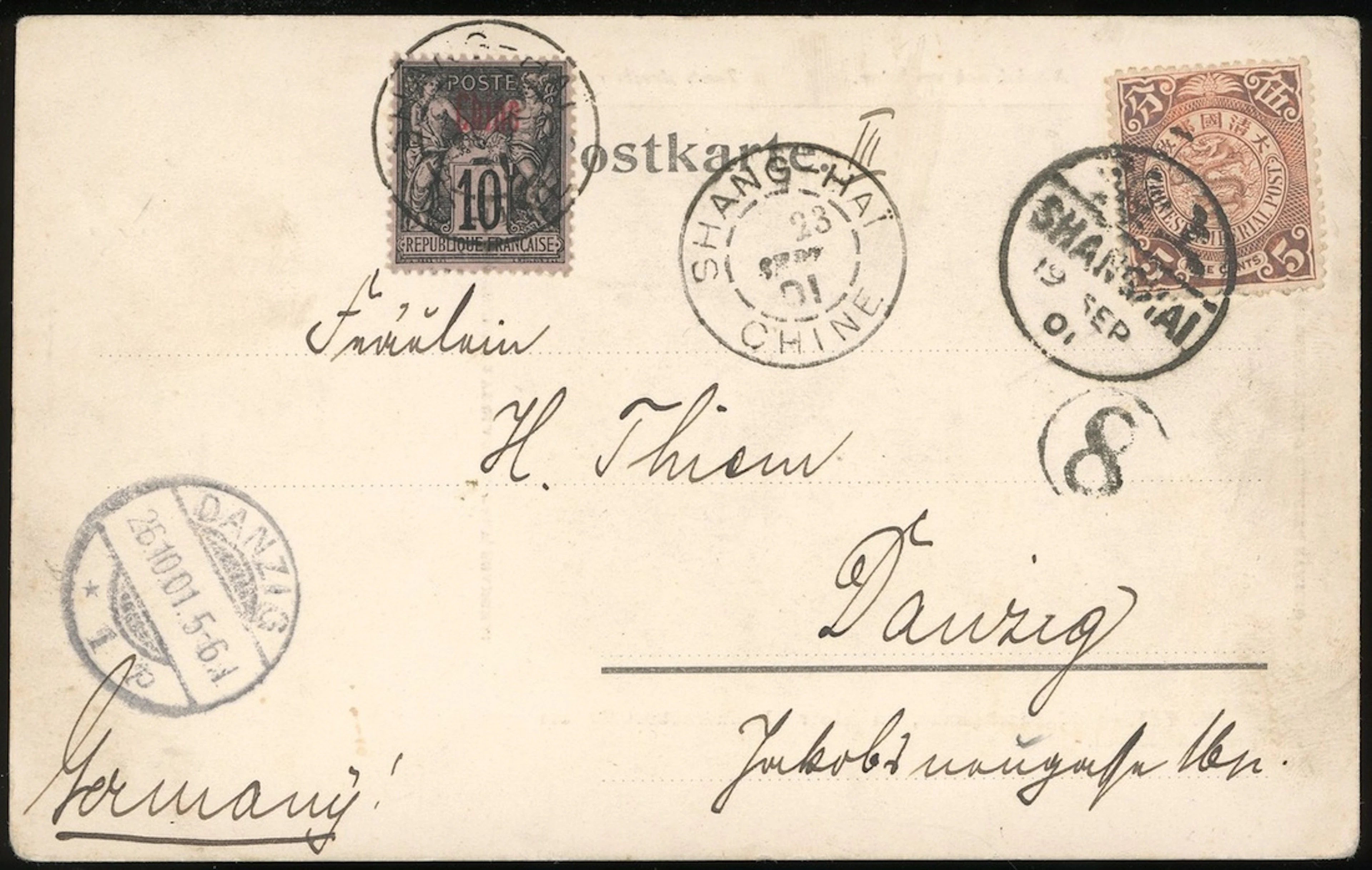 China Postal History Imperial Post 1901 (19 Sept.) postcard to Danzig