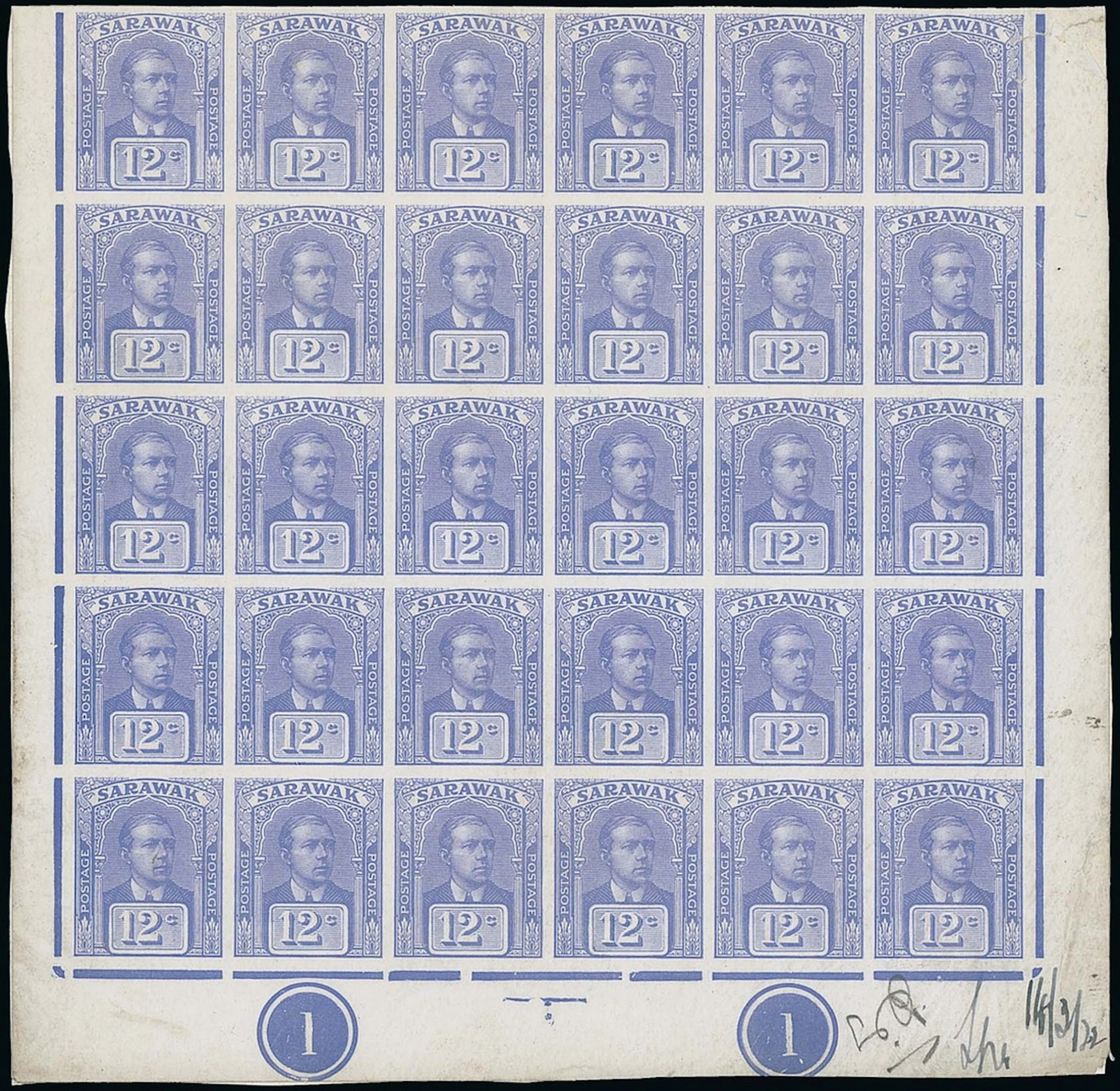 Sarawak 1922-23 New Colours and Values Imperforate Plate Proofs 12c.