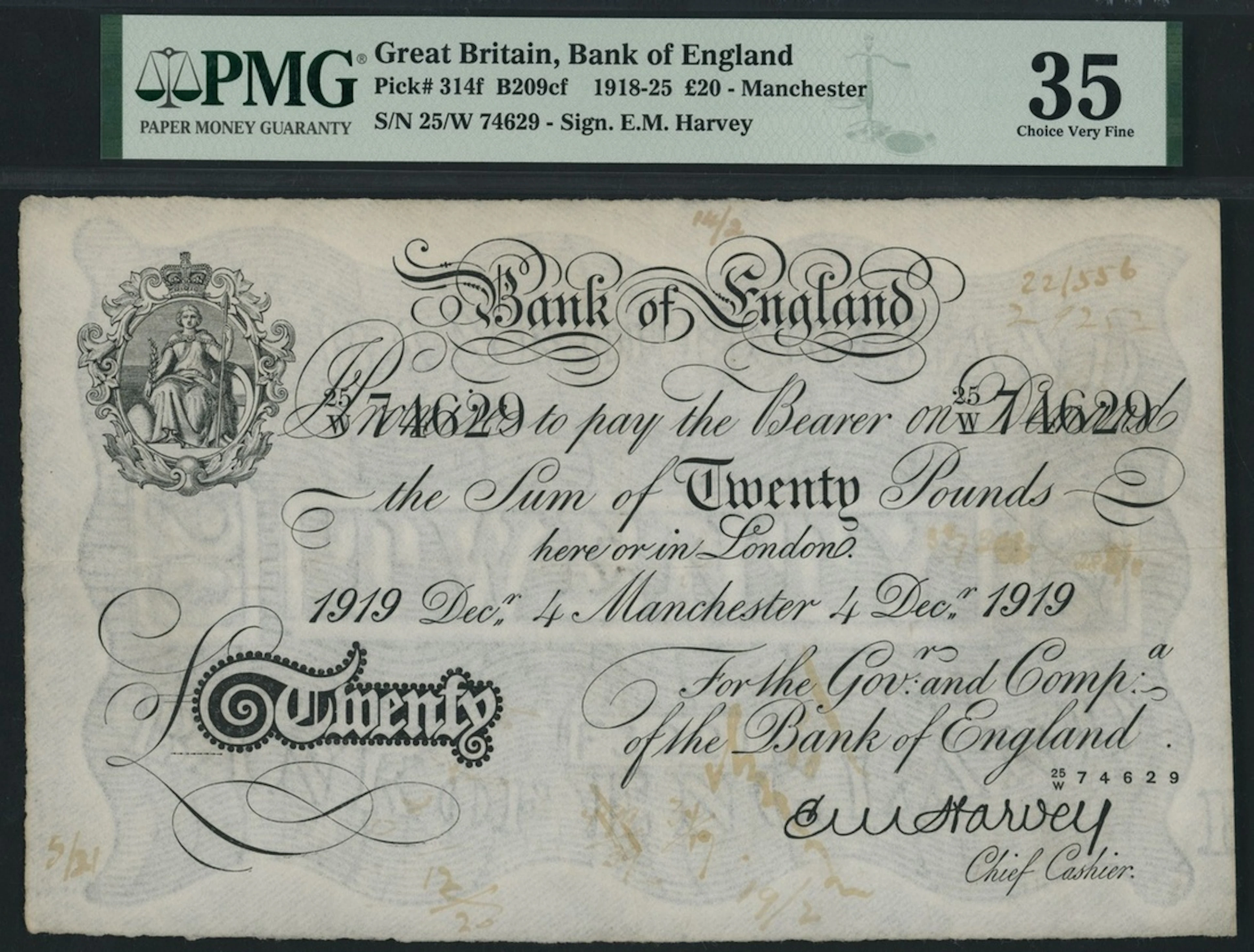 Bank of England, E. M. Harvey, £20, Manchester, 4th December 1919
