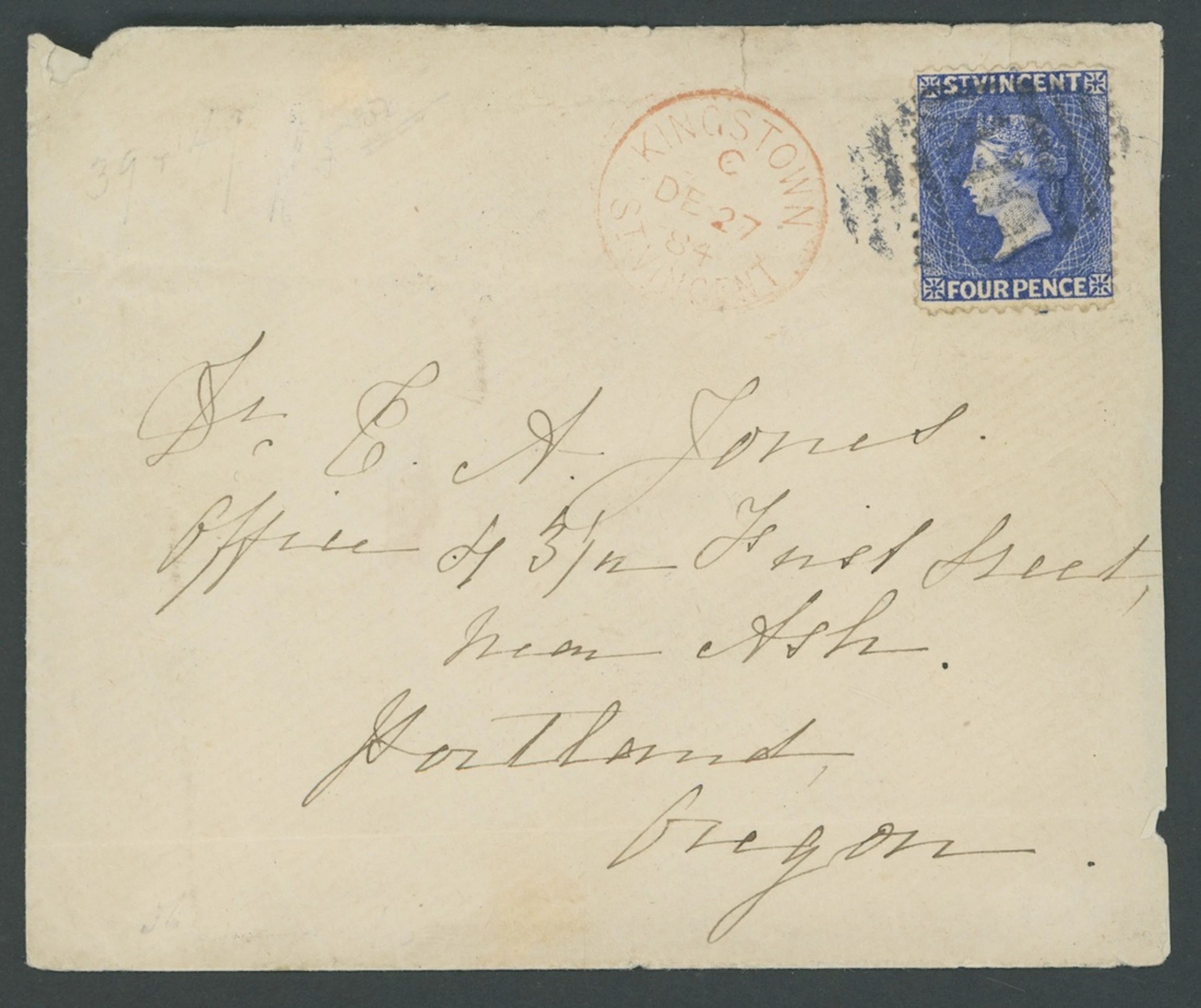 St. Vincent Covers and Cancellations 1884 (27 Dec.) envelope to Portland