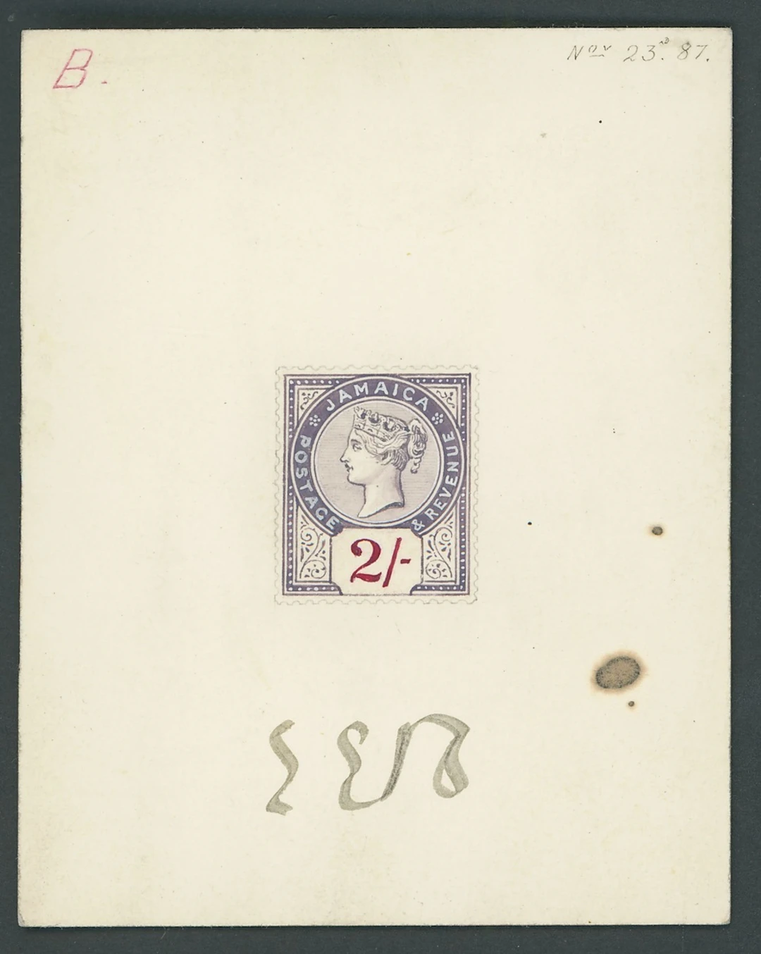 Jamaica 1887 De La Rue essay for a 2/- in a keyplate style similar