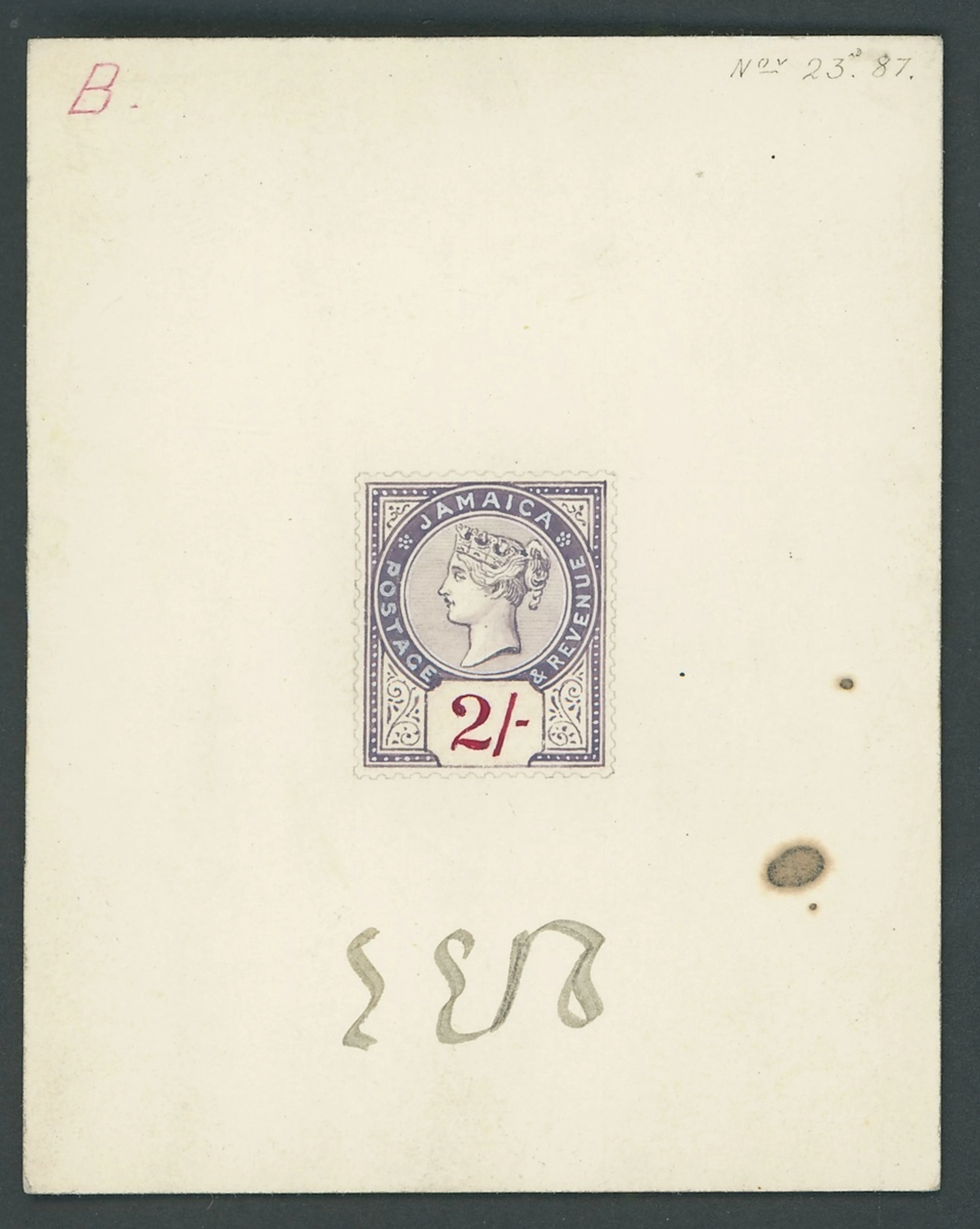 Jamaica 1887 De La Rue essay for a 2/- in a keyplate style similar