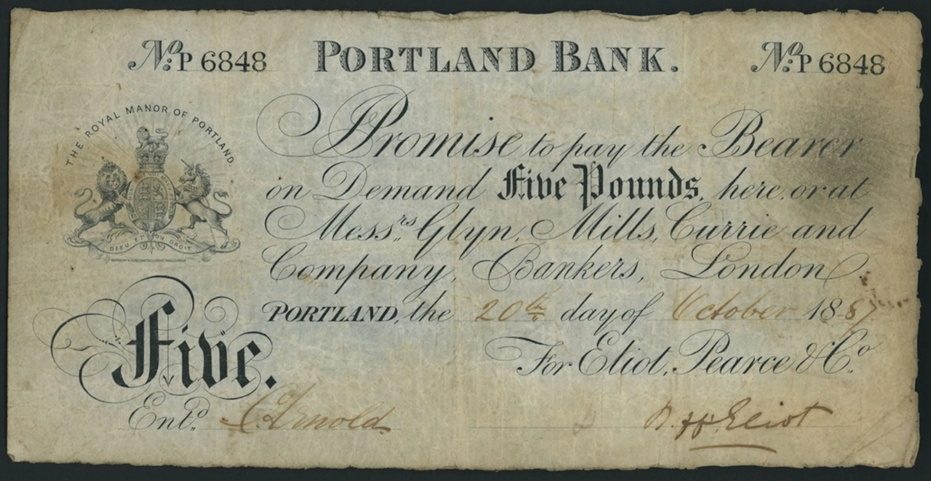 Portland Bank, for Eliot, Pearce & Co., £5, 20th October 1887, serial