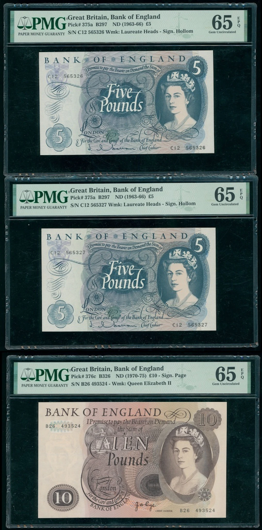 Bank of England, Great Britain, a group of 3x, including, Hollom consecutive