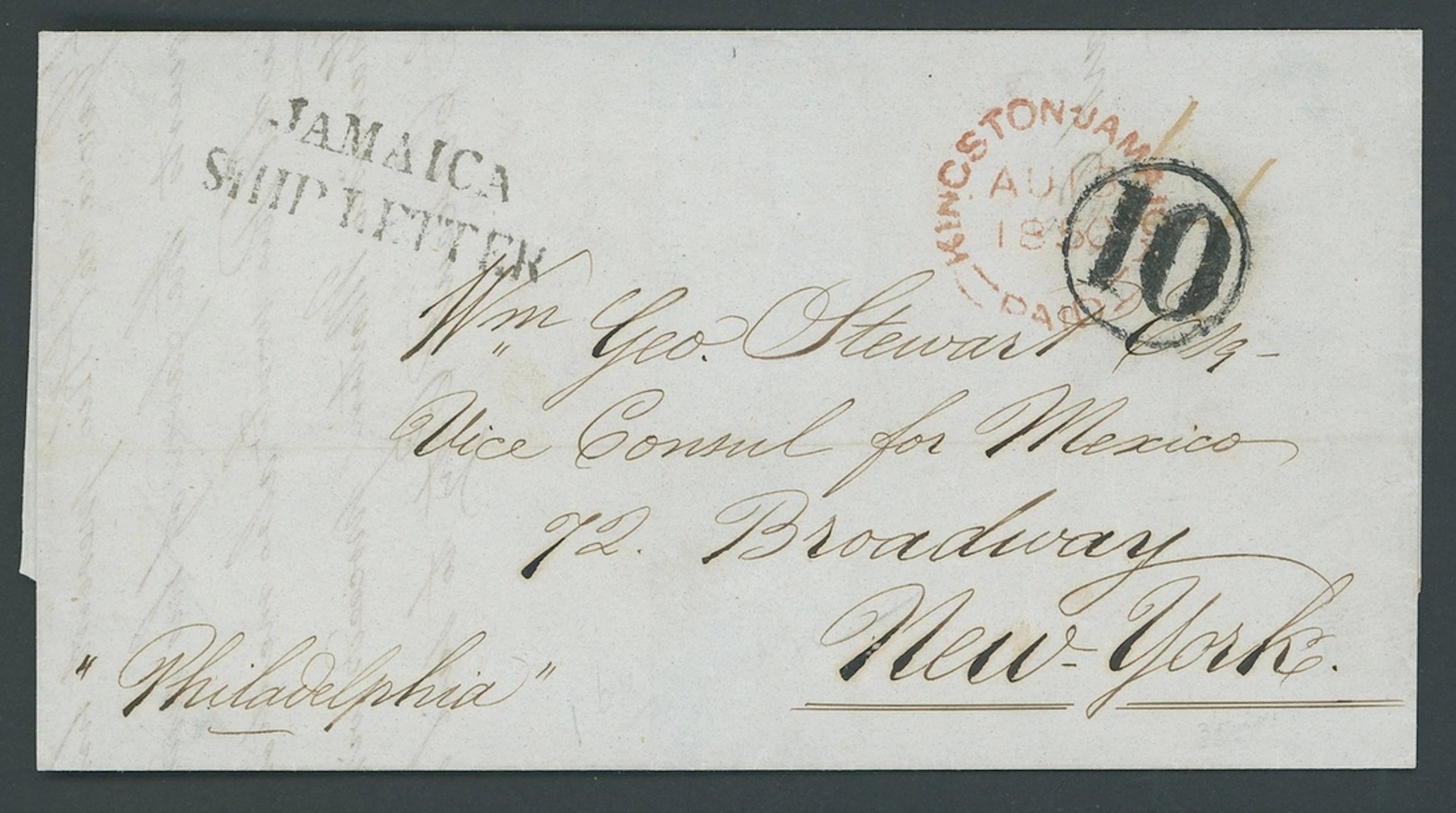 Jamaica Ship Letter Handstamps 1850 (13 Aug.) entire per "Philadelphia"