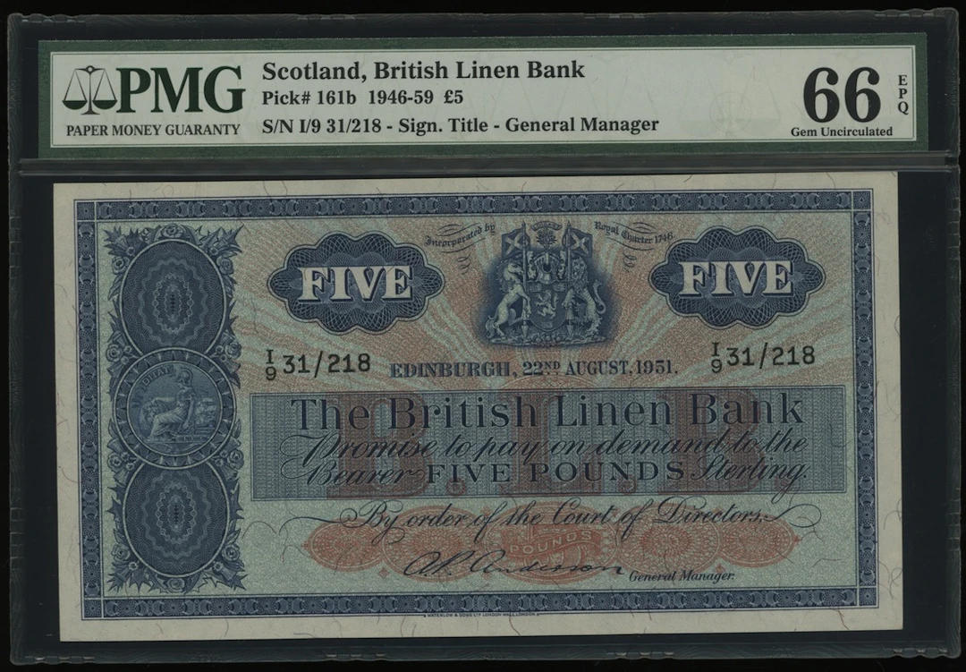 British Linen Bank, Scotland, £5, 22.8.1951, serial number I/9 31/218