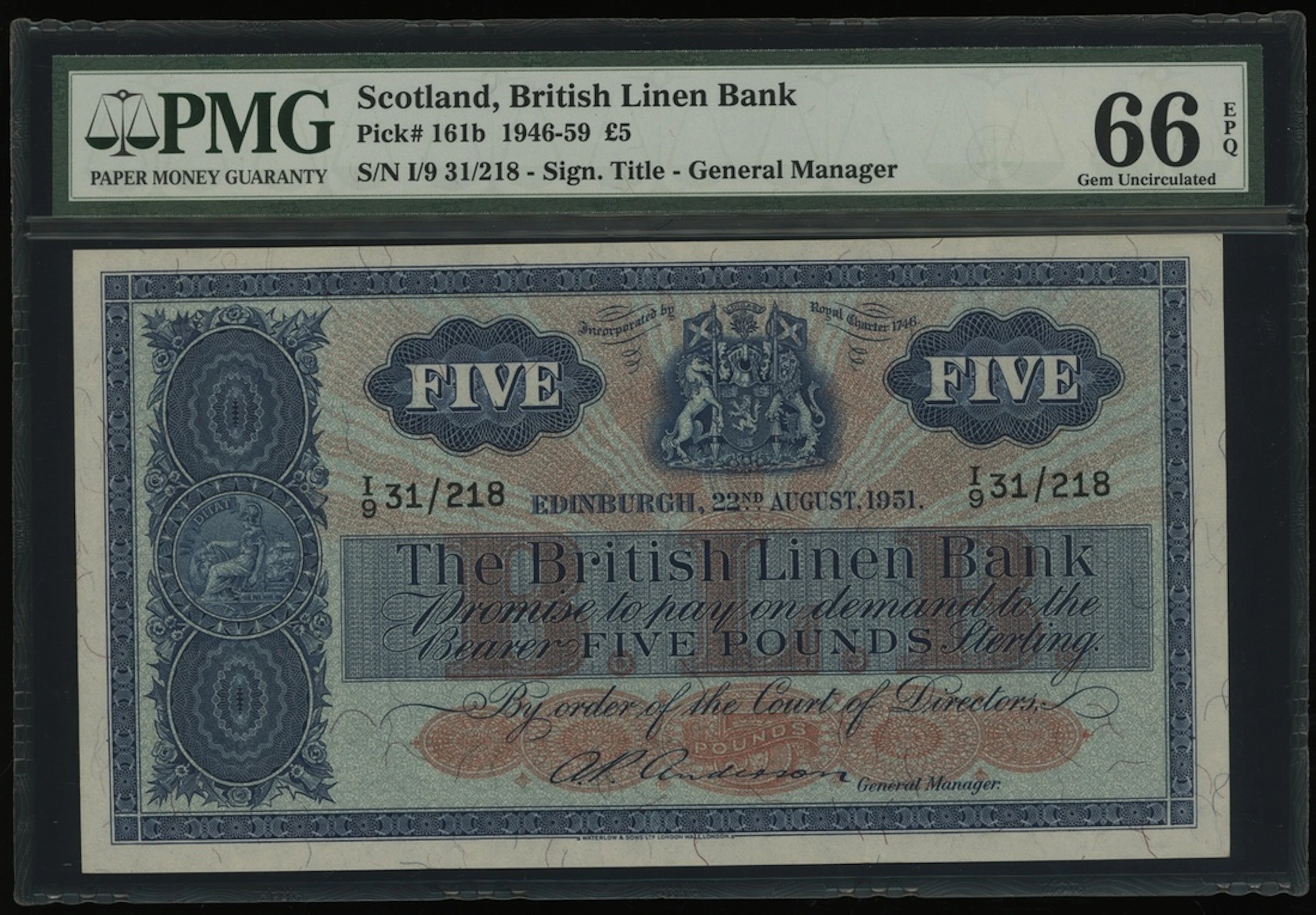 British Linen Bank, Scotland, £5, 22.8.1951, serial number I/9 31/218