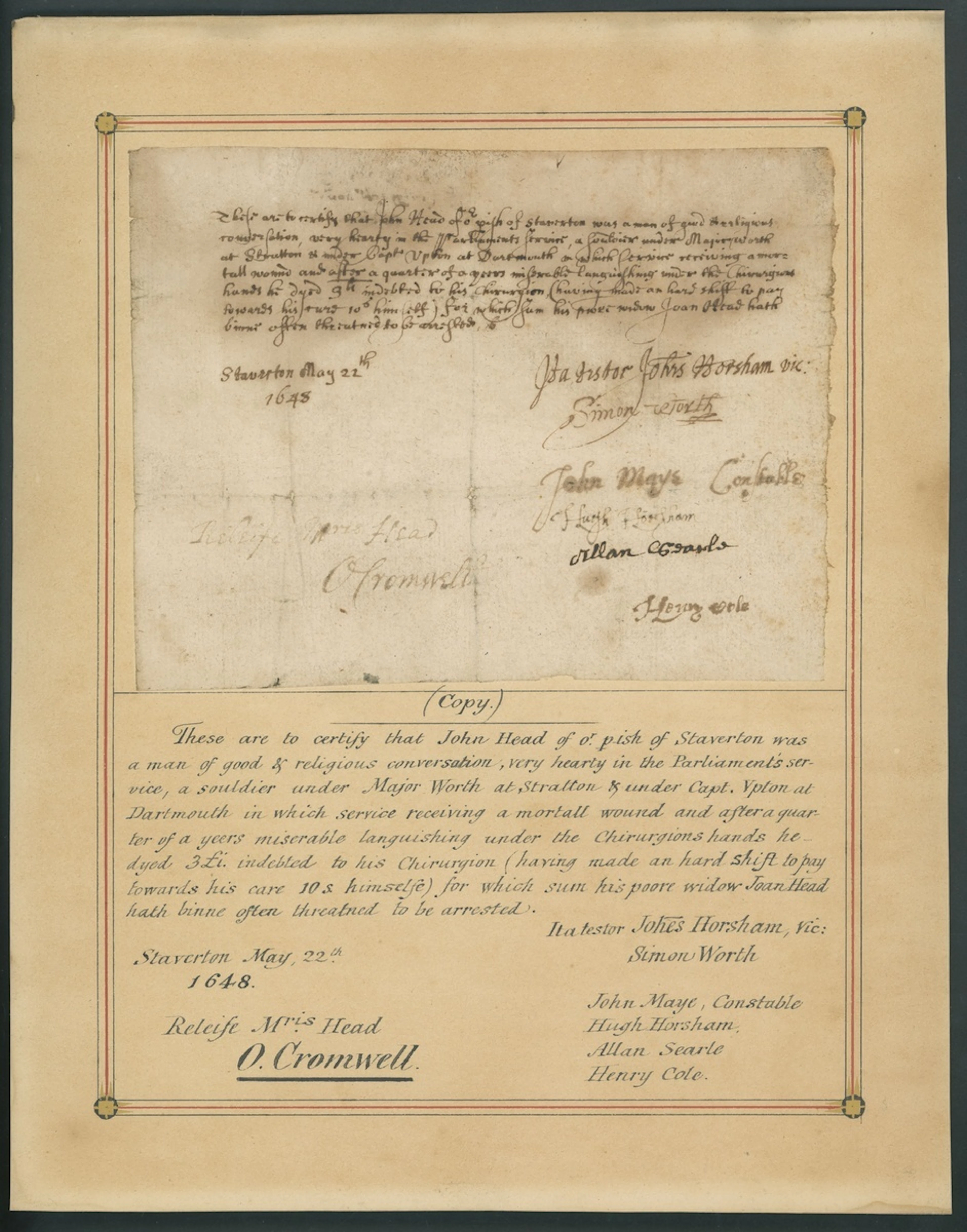 Oliver Cromwell 1648 (22 May) document issued at Staverton regarding
