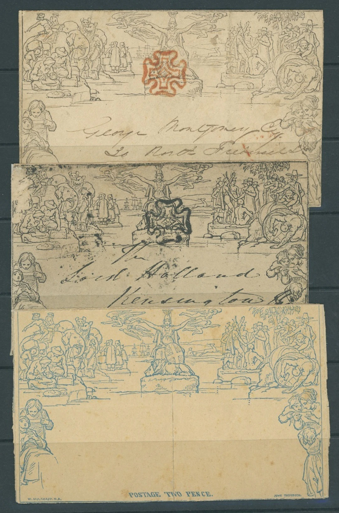 Great Britain 1840 Mulready One Penny Envelopes Stereo missing, dated