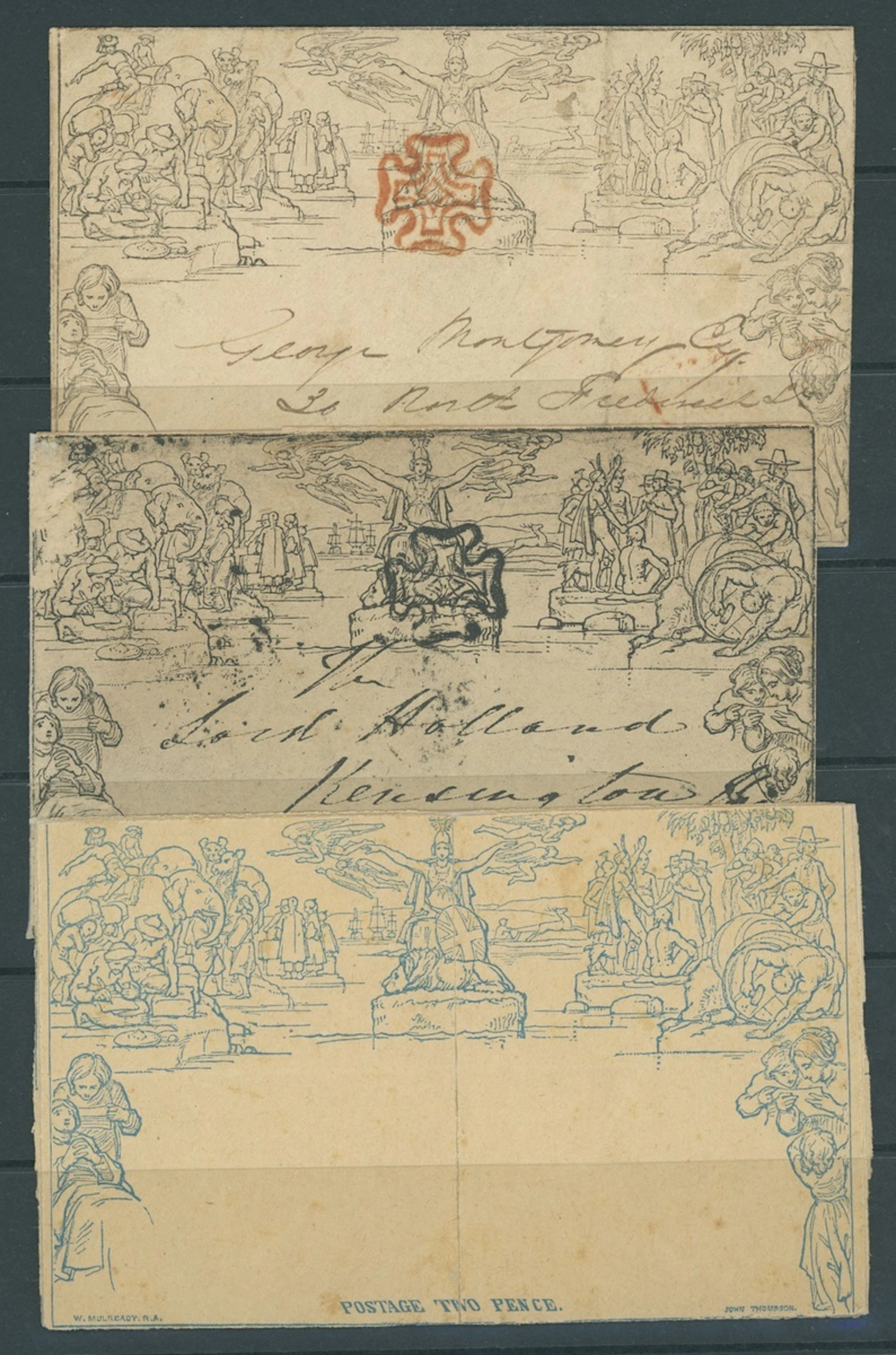 Great Britain 1840 Mulready One Penny Envelopes Stereo missing, dated