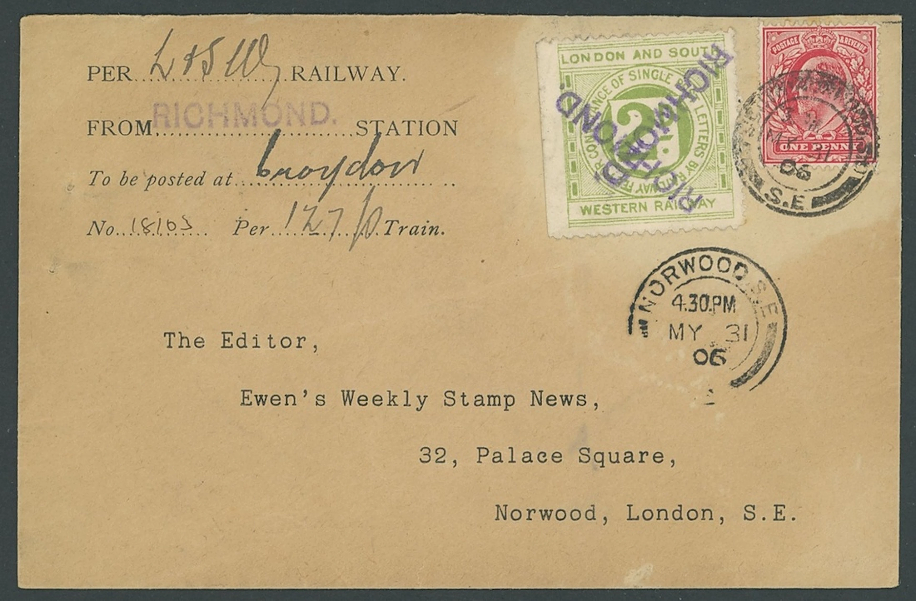 Great Britain Postal History 1906 (31 May), printed Railway envelope