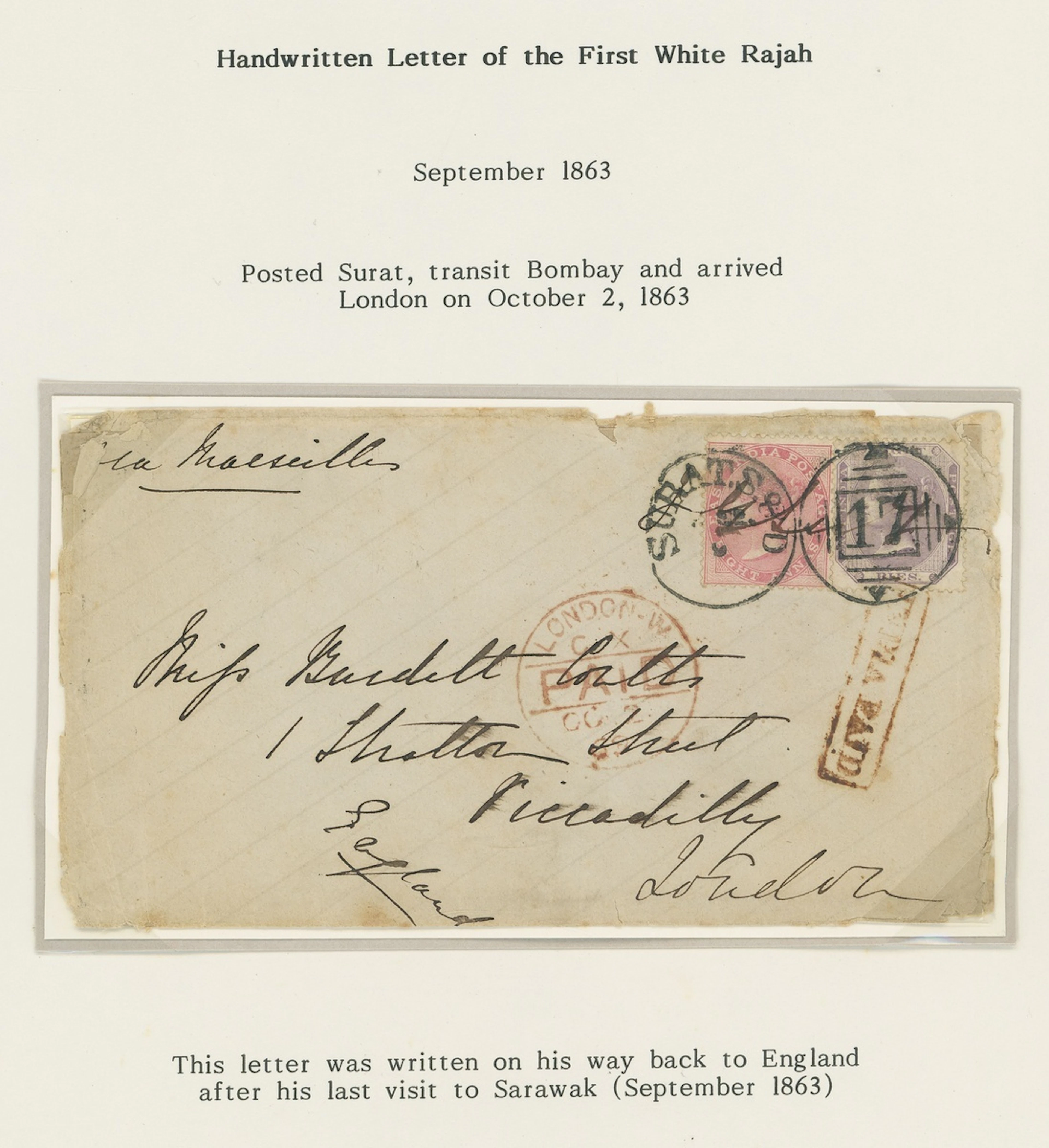 Sarawak Coutts Correspondence 1863 (Sept.) from India to Miss Burdett