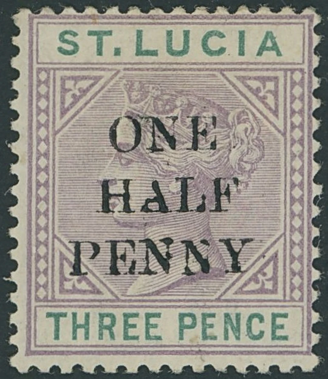 St. Lucia 1891-92 Die I, ½d. on 3d. dull mauve and green showing top