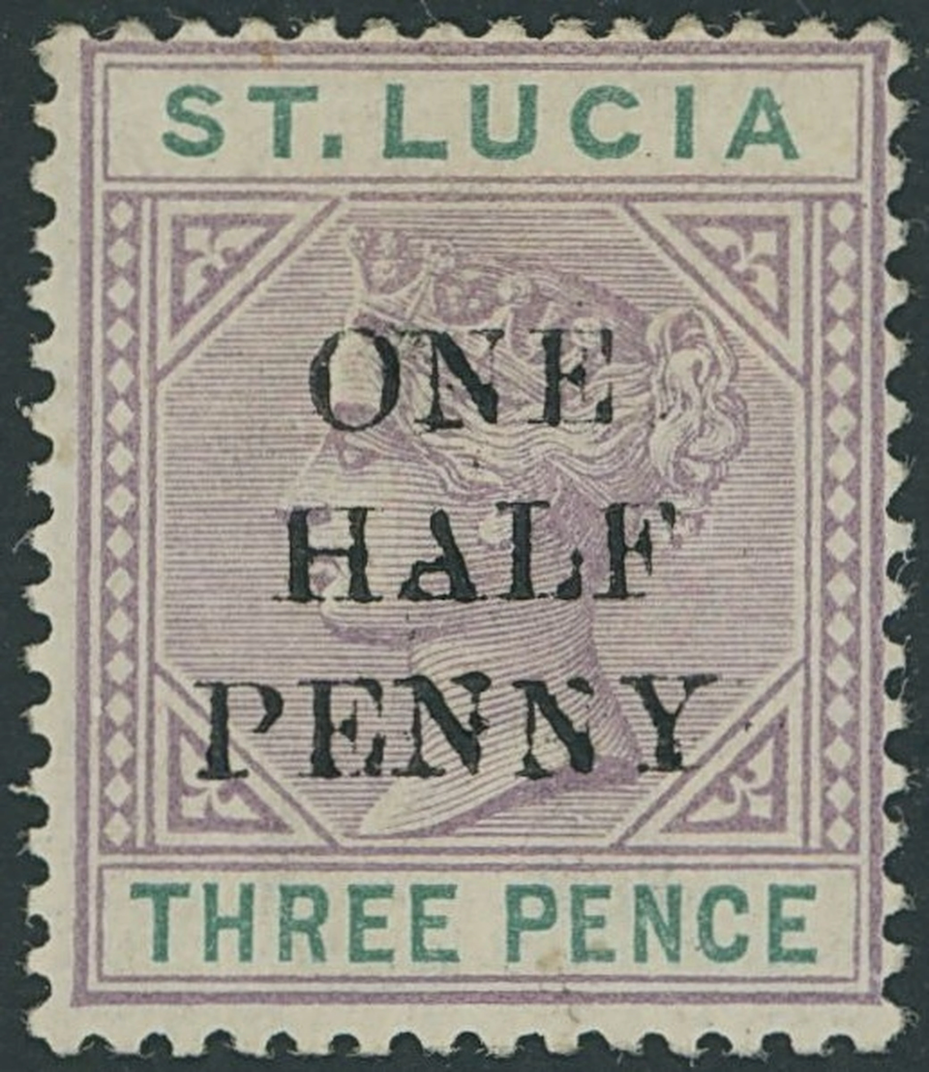 St. Lucia 1891-92 Die I, ½d. on 3d. dull mauve and green showing top