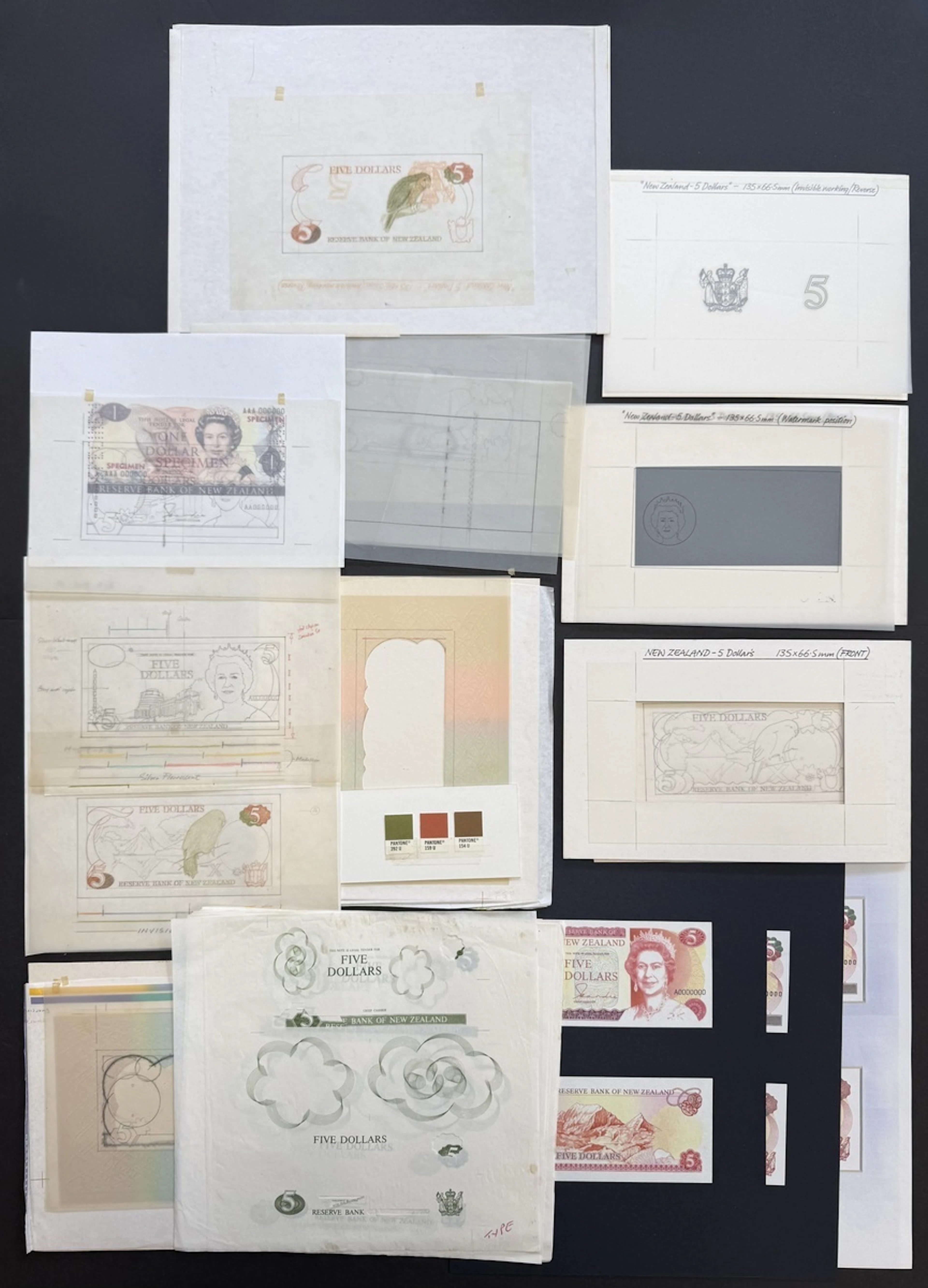 Reserve Bank of New Zealand, printer's material for 5 Dollars designs