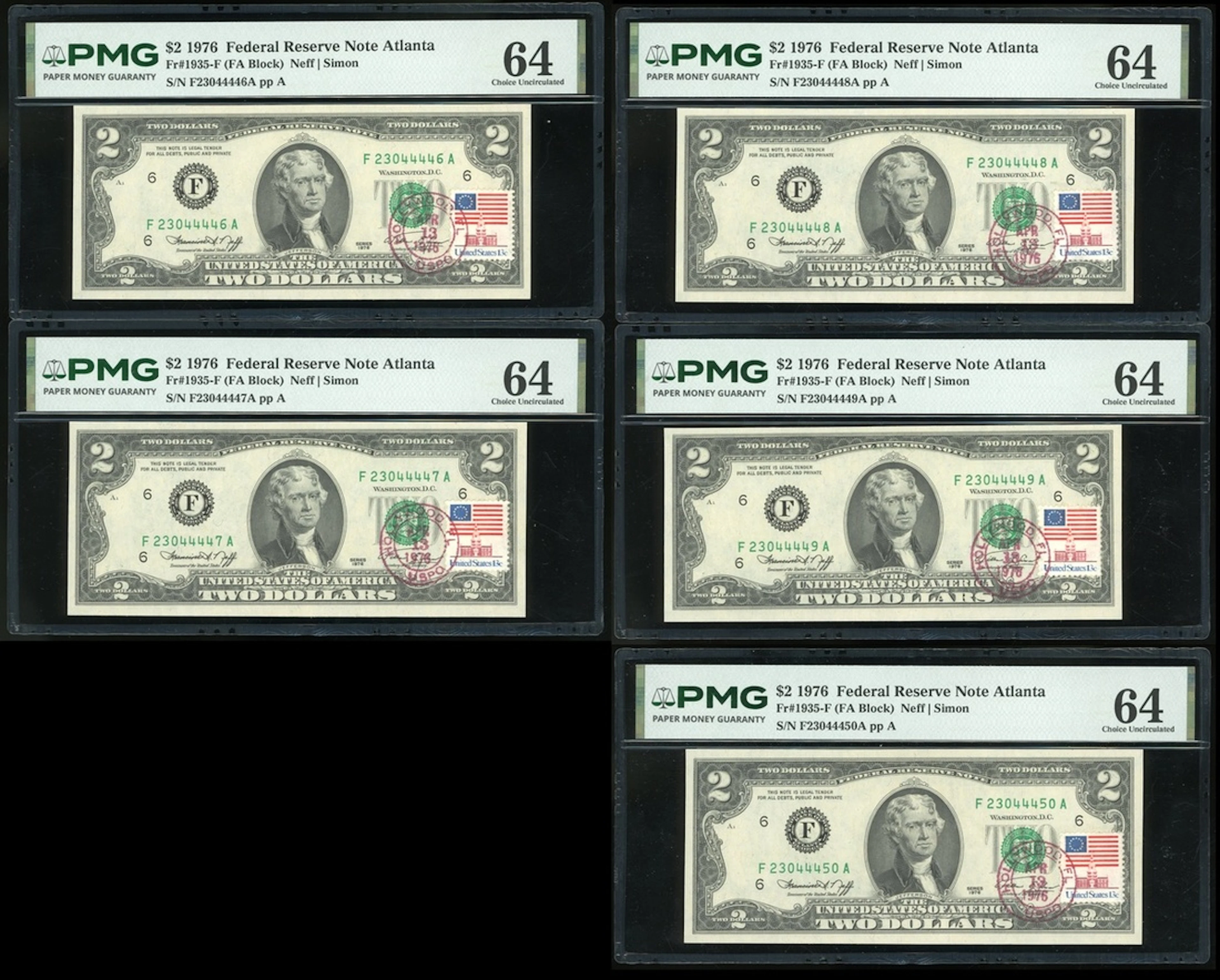 United States, Federal Reserve Note Atlanta, consecutive $2 (5), 1976