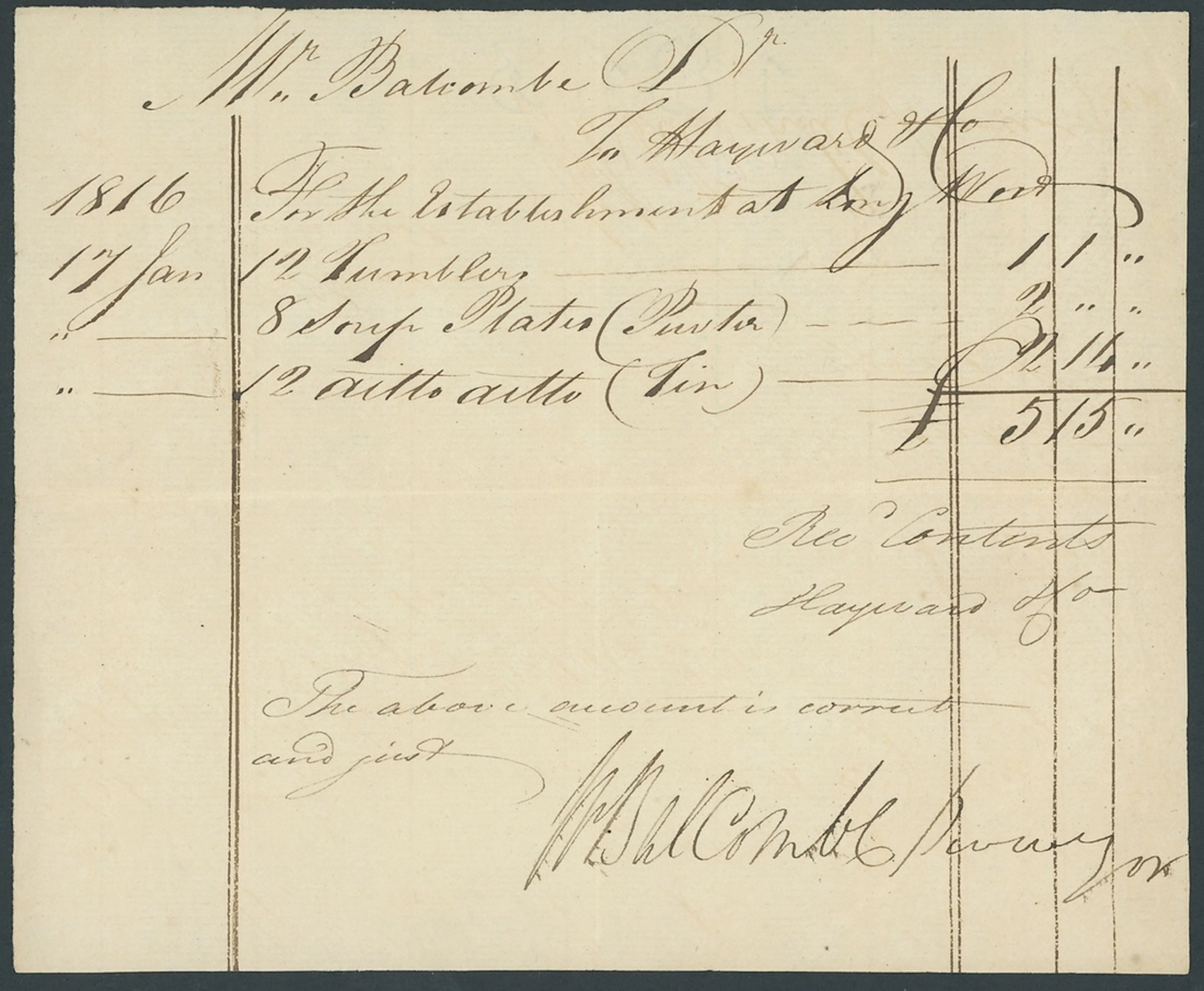 St. Helena / France Napoleon 1816 Invoice rendered by William Balcombe