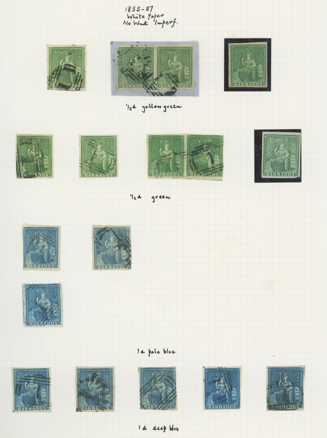 Barbados Britannia Issues 1855-58 white paper, (½d.) green unused