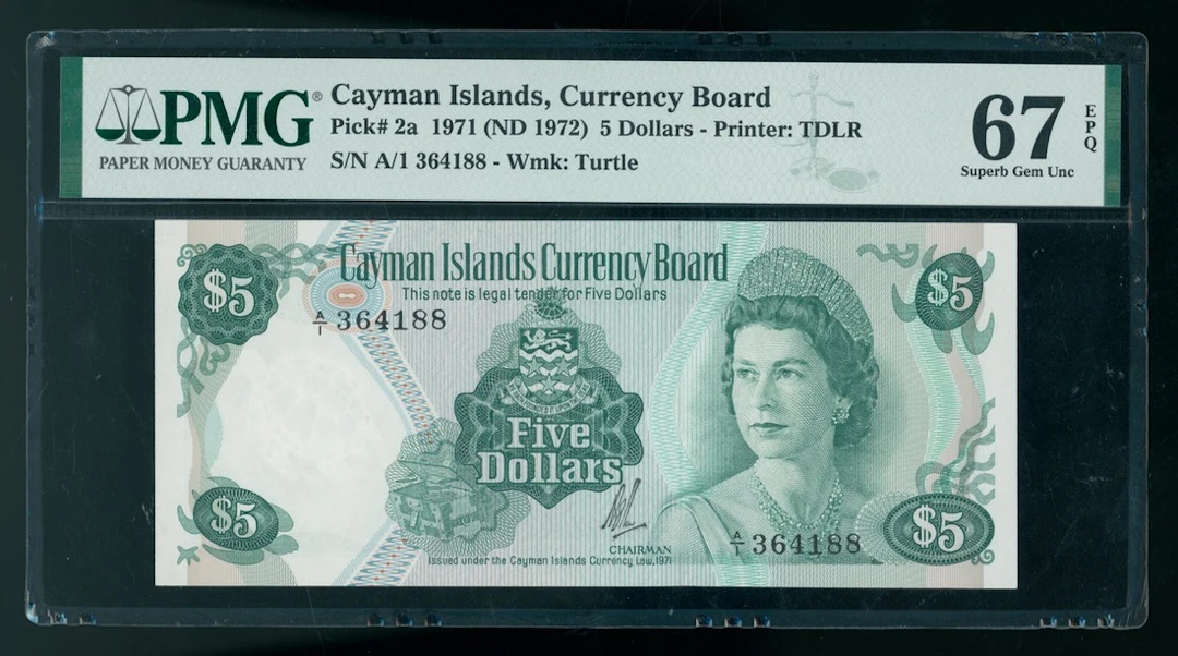 Cayman Islands Currency Board, $5, ND (1972), serial number A/1 364188