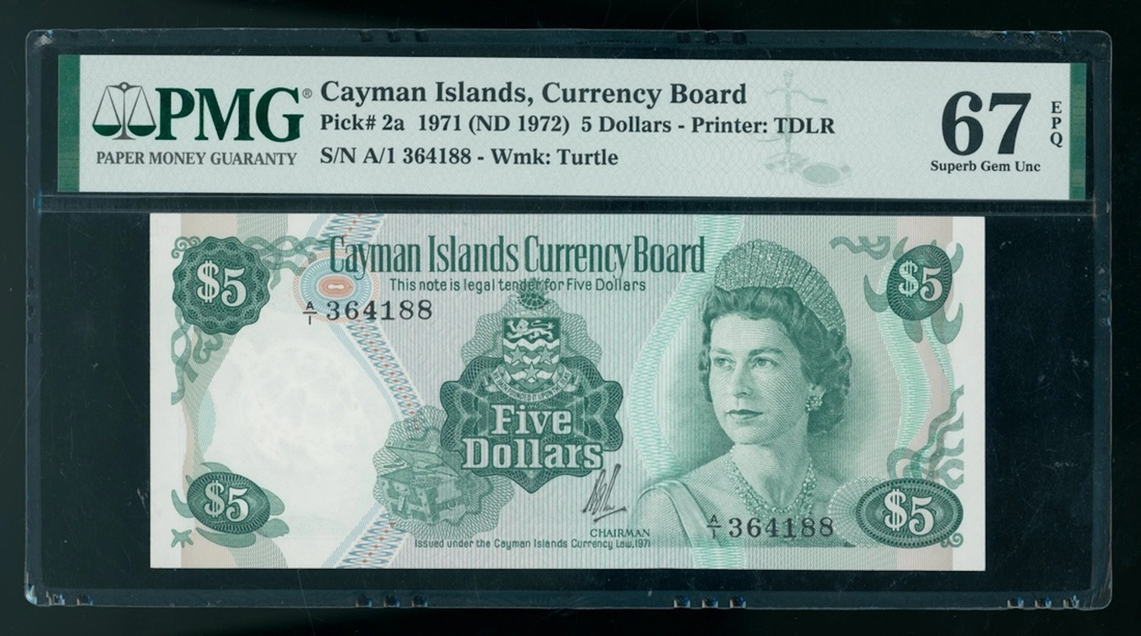 Cayman Islands Currency Board, $5, ND (1972), serial number A/1 364188